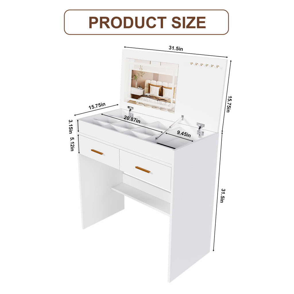 Flip Top Vanity Desk With LED Mirror & Outlet Makeup Table With 2 Drawers, Open Storage, And Jewelry Hooks - White