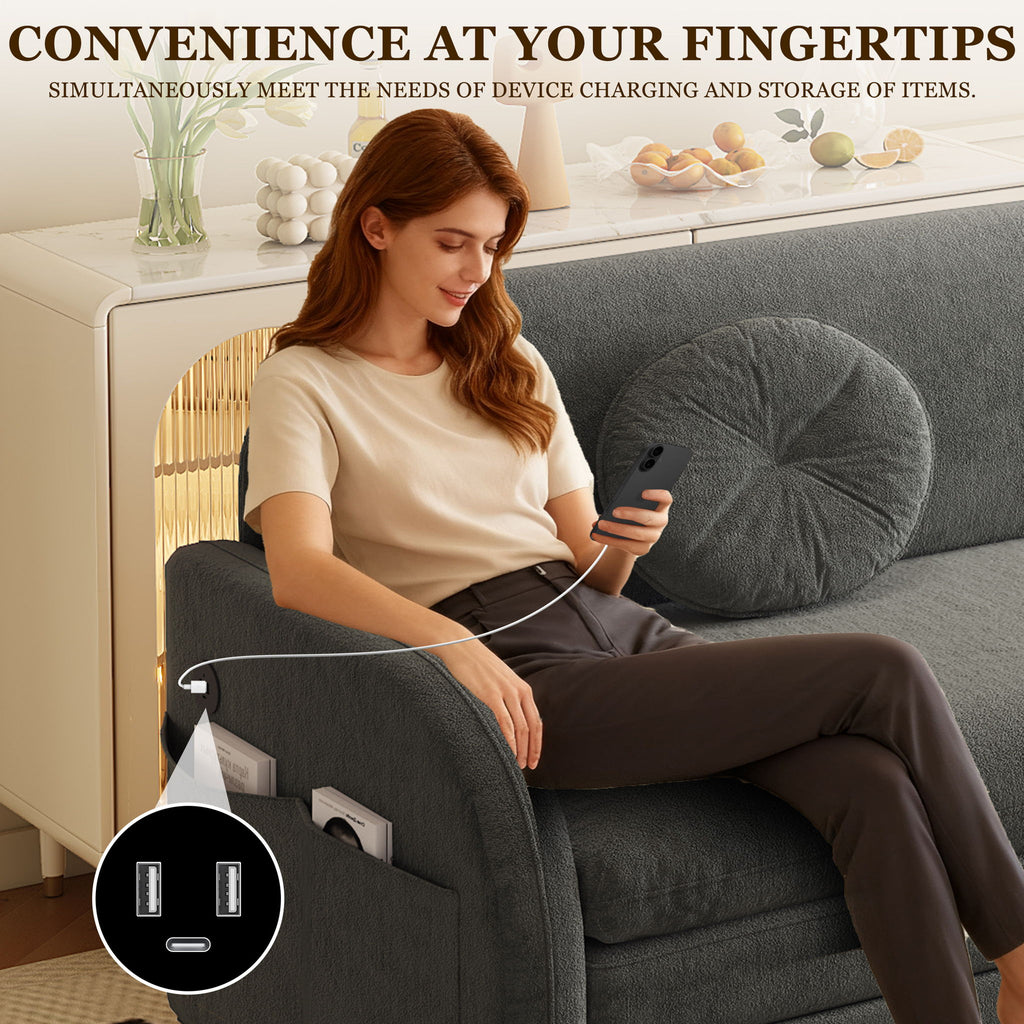 Upholstered Pull Out Couch With Side Pocket & USB Port