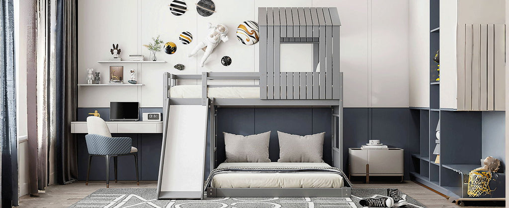 Loft Bunk Bed With Playhouse, Farmhouse, Ladder, Slide And Guardrails