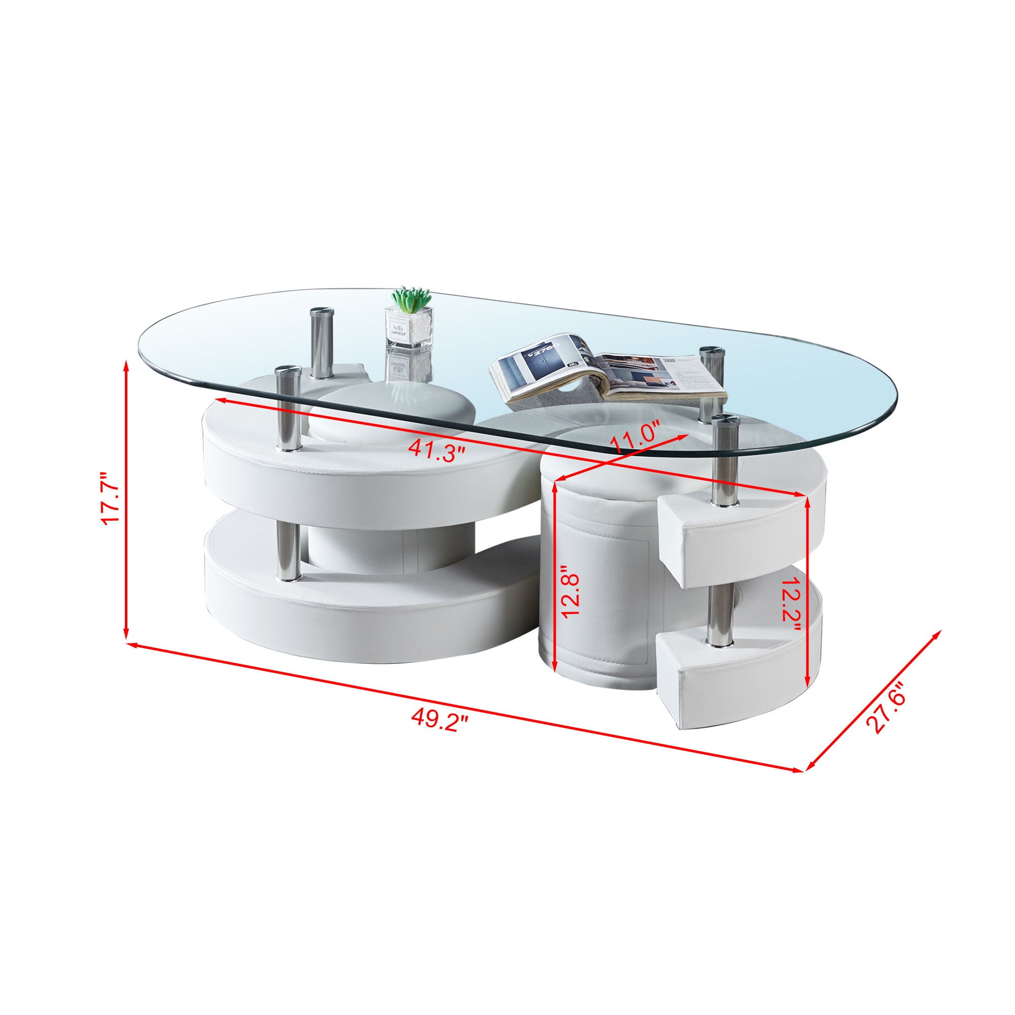 3 Pieces Coffee Table Set, Oval 10 Mm / Thick Tempered Glass Table And 2 Stools - White