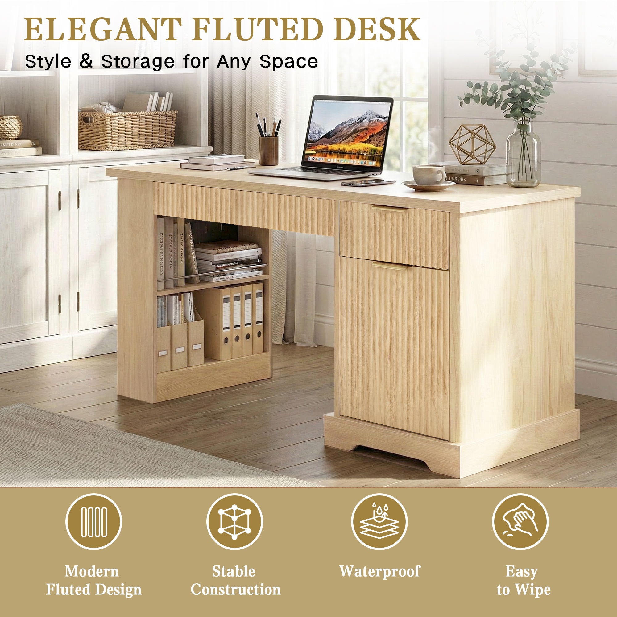 Modern Fluted Office Desk With Storage Cabinet