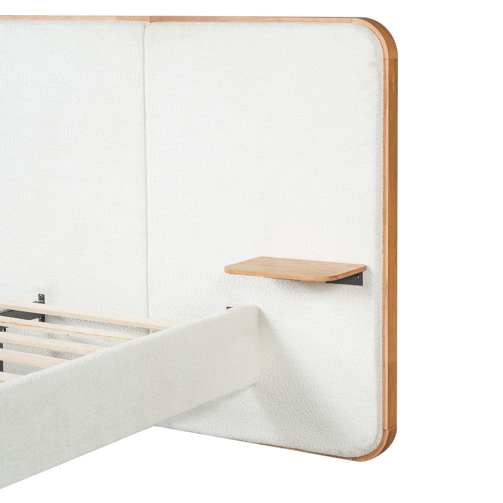 Upholstered Platform Bed Frame With Curved Headboard, Built-In Floating Shelves