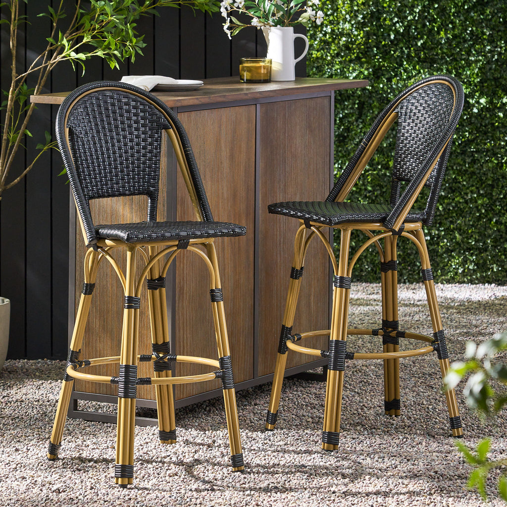 Outdoor Rattan And Aluminum French Barstools (Set of 2)