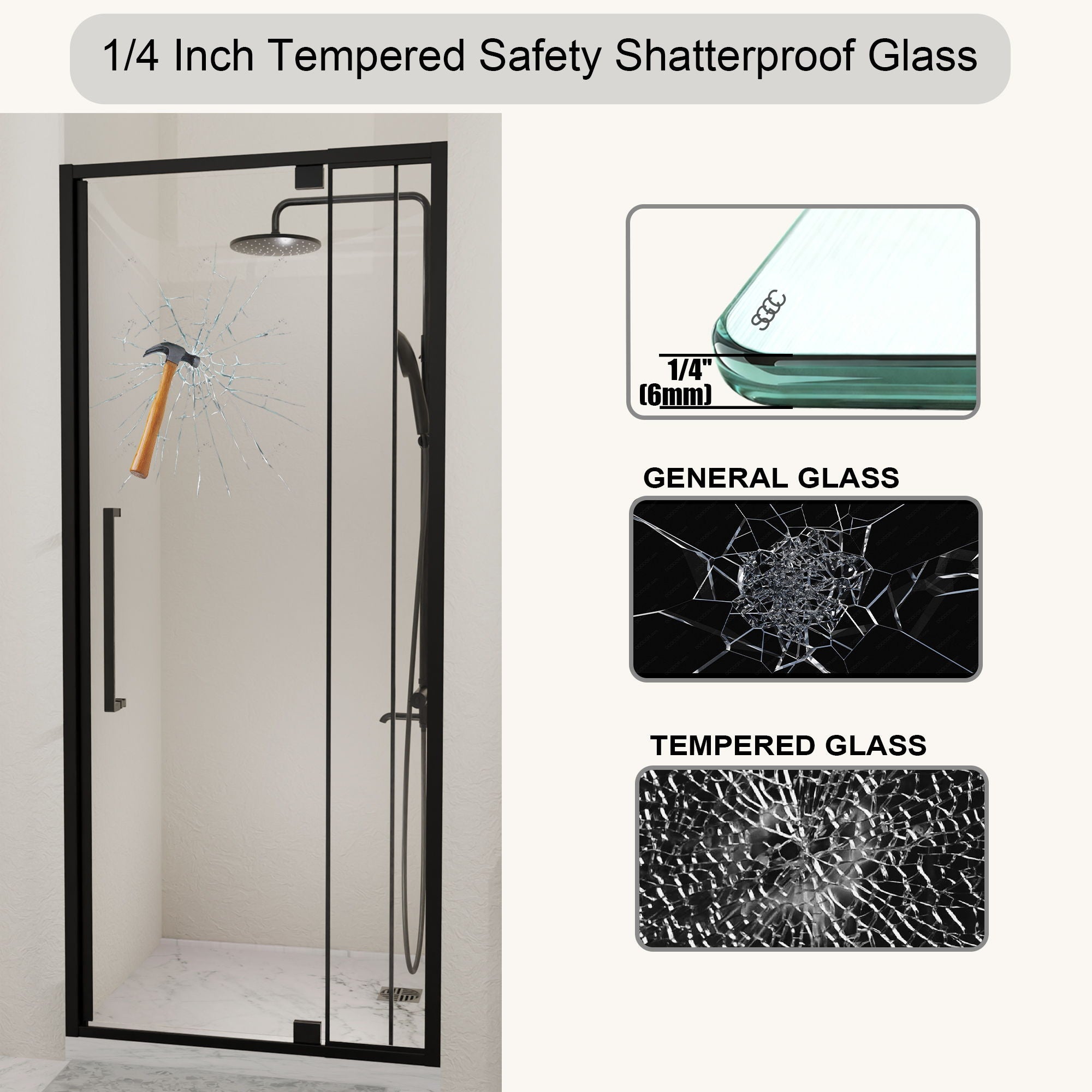 Semi Frameless Pivot Hinged Shower Door, Reversible Design