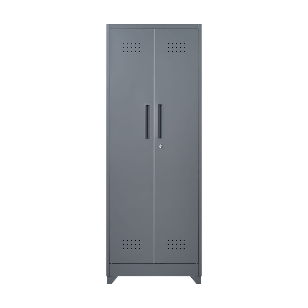 Heavy Duty Storage Cabinet With Locking Doors, Hanging Rod & Shelves, Broom Closet - Gray
