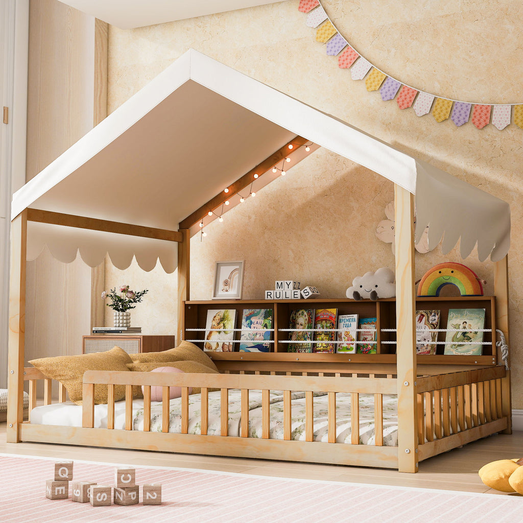 House Shaped Floor Bed With Fense, 3 Storage Bookshelves, Curtain And LED Light