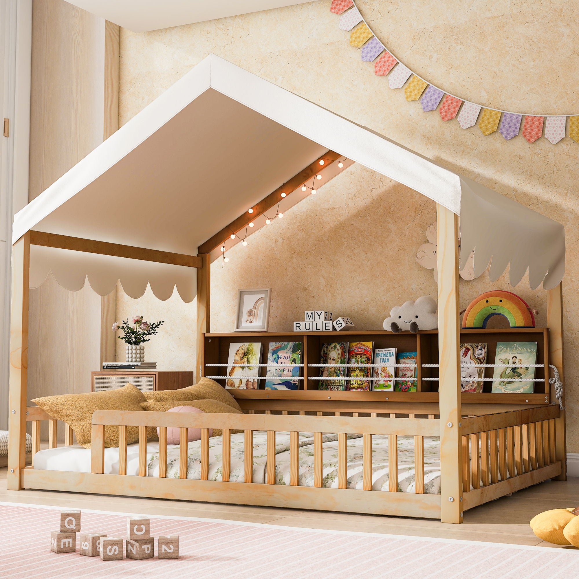House Shaped Floor Bed With Fense, 3 Storage Bookshelves, Curtain And LED Light