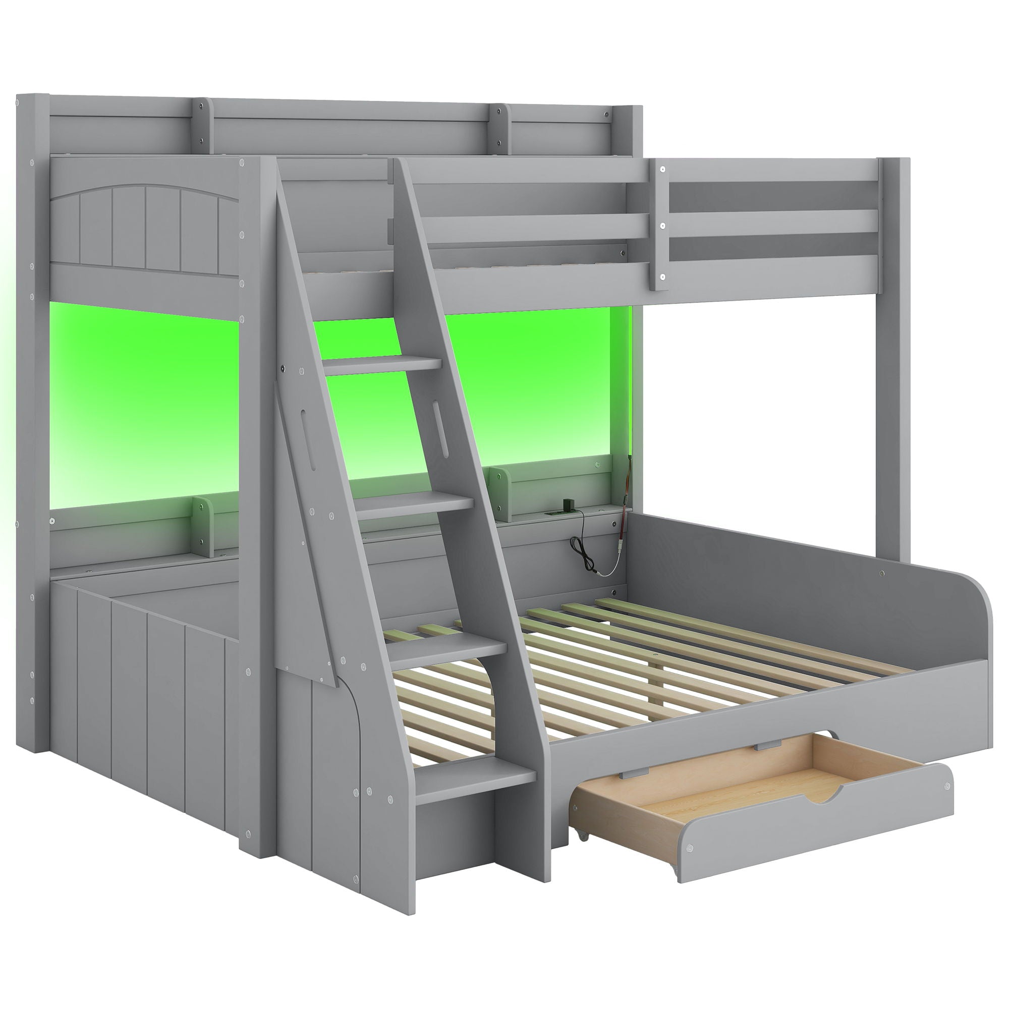 Bunk Bed With Storage Shelves, LED Lighting, Charging Station And Drawer