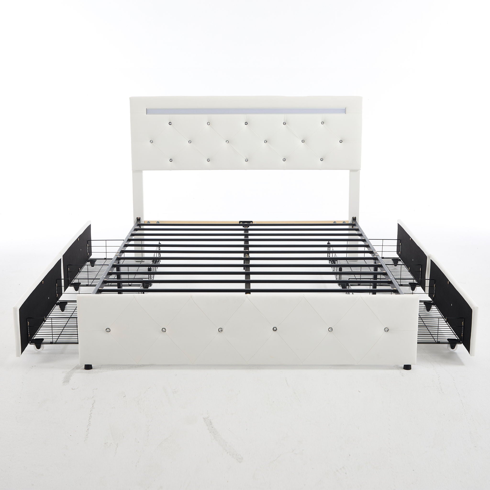 Upholstered Bed Frame With LED Lights, 4 Storage Drawers, Charging Station