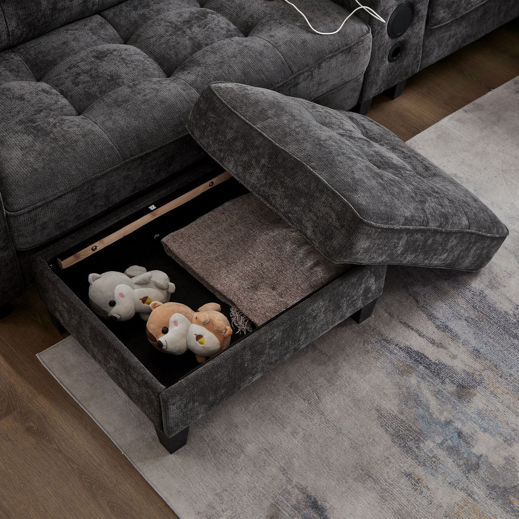 Modern Sectional Sofa U-Shaped With Movable Ottomans, tooth Speakers, LED Lights And Modular Storage