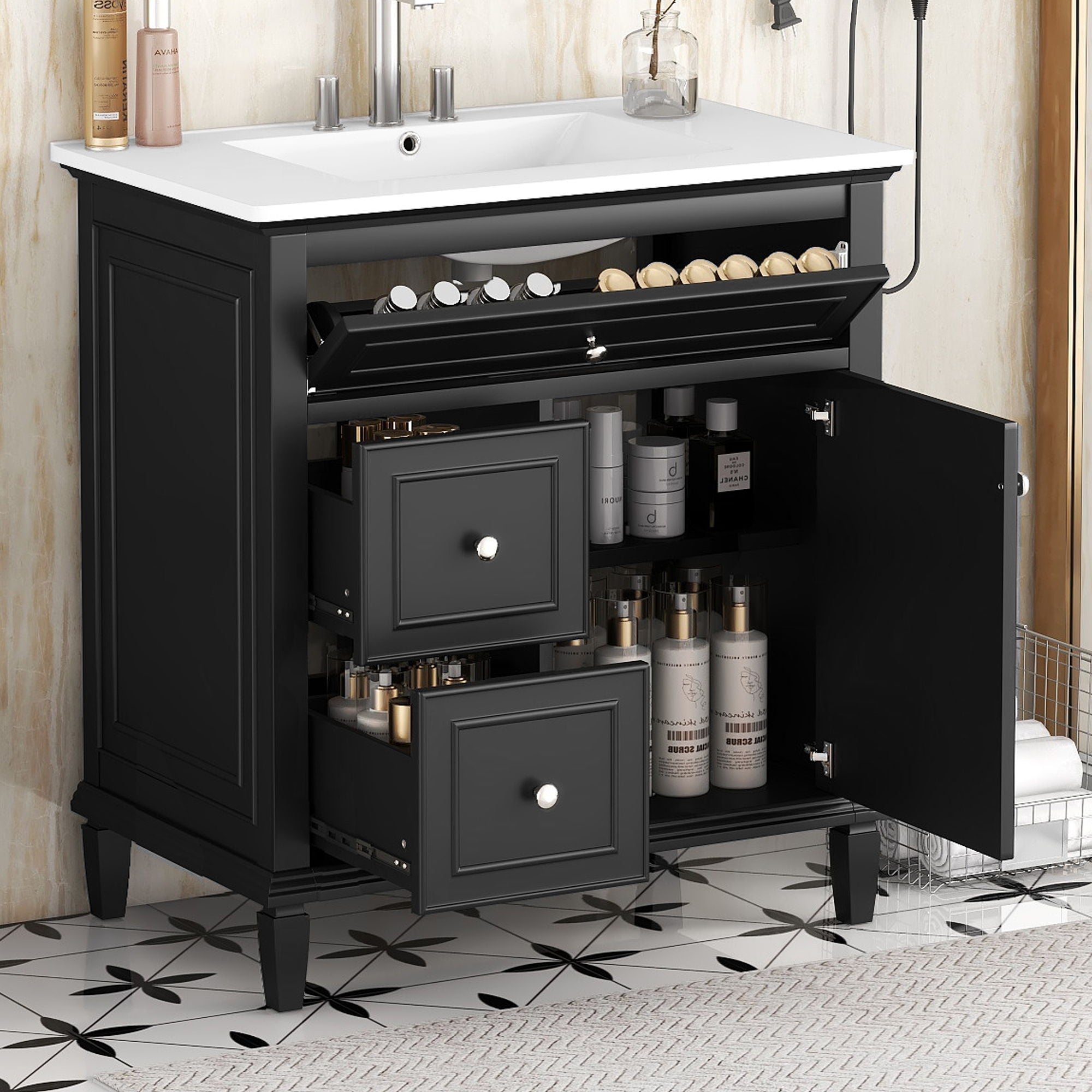 Modern Bathroom Vanity With Sink, Adjustable Shelf, Flip Drawer & 2 Drawers