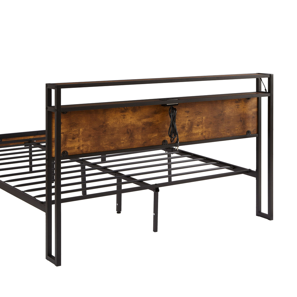 Modern Metal Platform Bed Frame With Wooden Headboard And Footboard, USB Charging Station, LED Lights, 2 Drawers