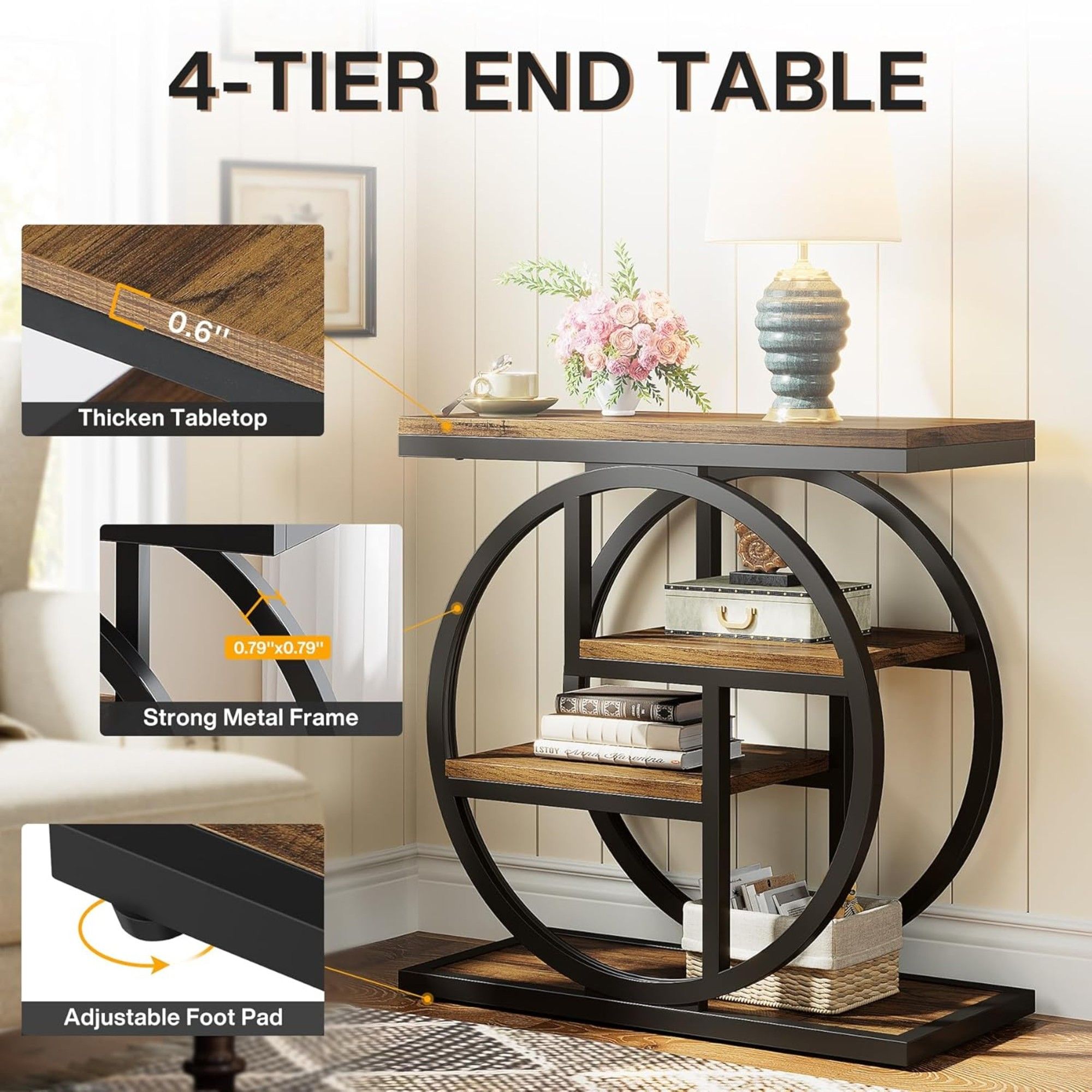 4 Tier Narrow End Table With Storage Shelves For Living Bedroom, Small Spaces - Rustic Brown