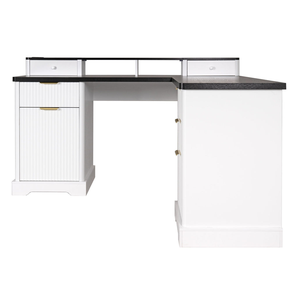 Fluted L-Shaped Desk With Charging Station & Storage Cabinet
