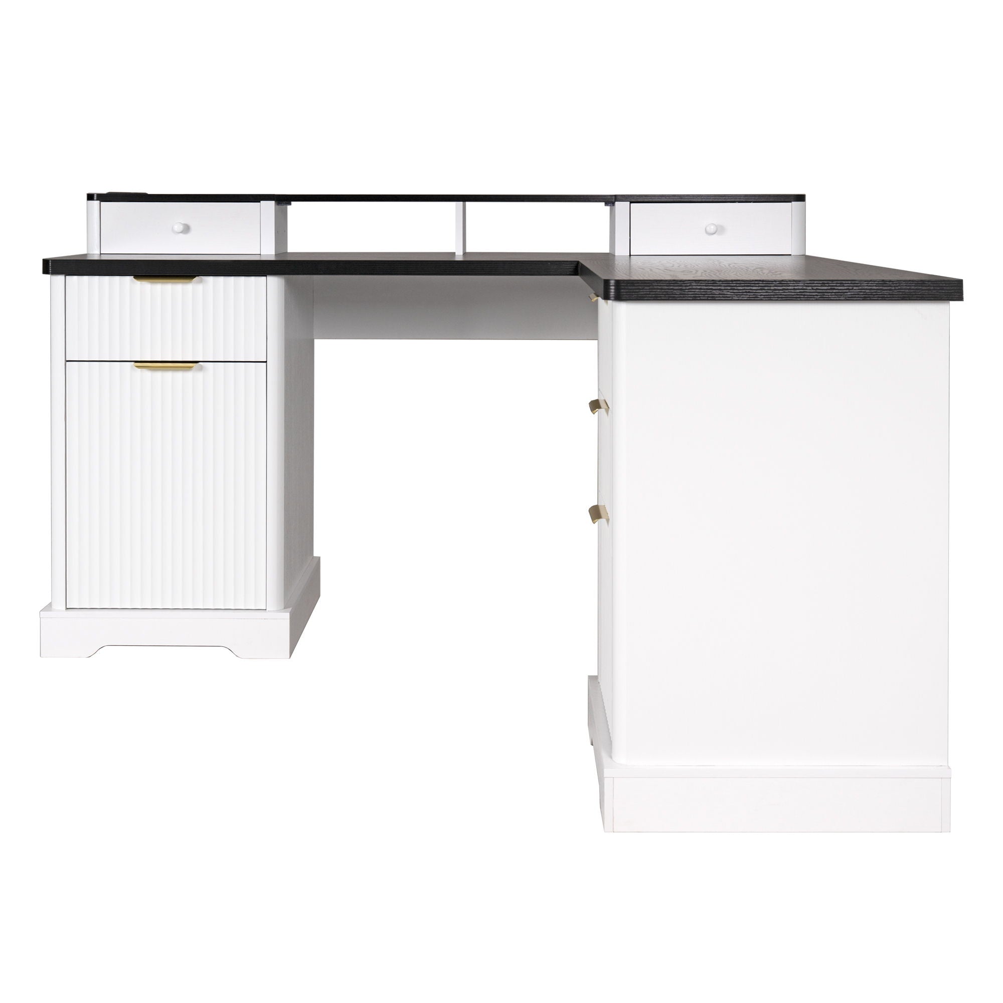 Fluted L-Shaped Desk With Charging Station & Storage Cabinet