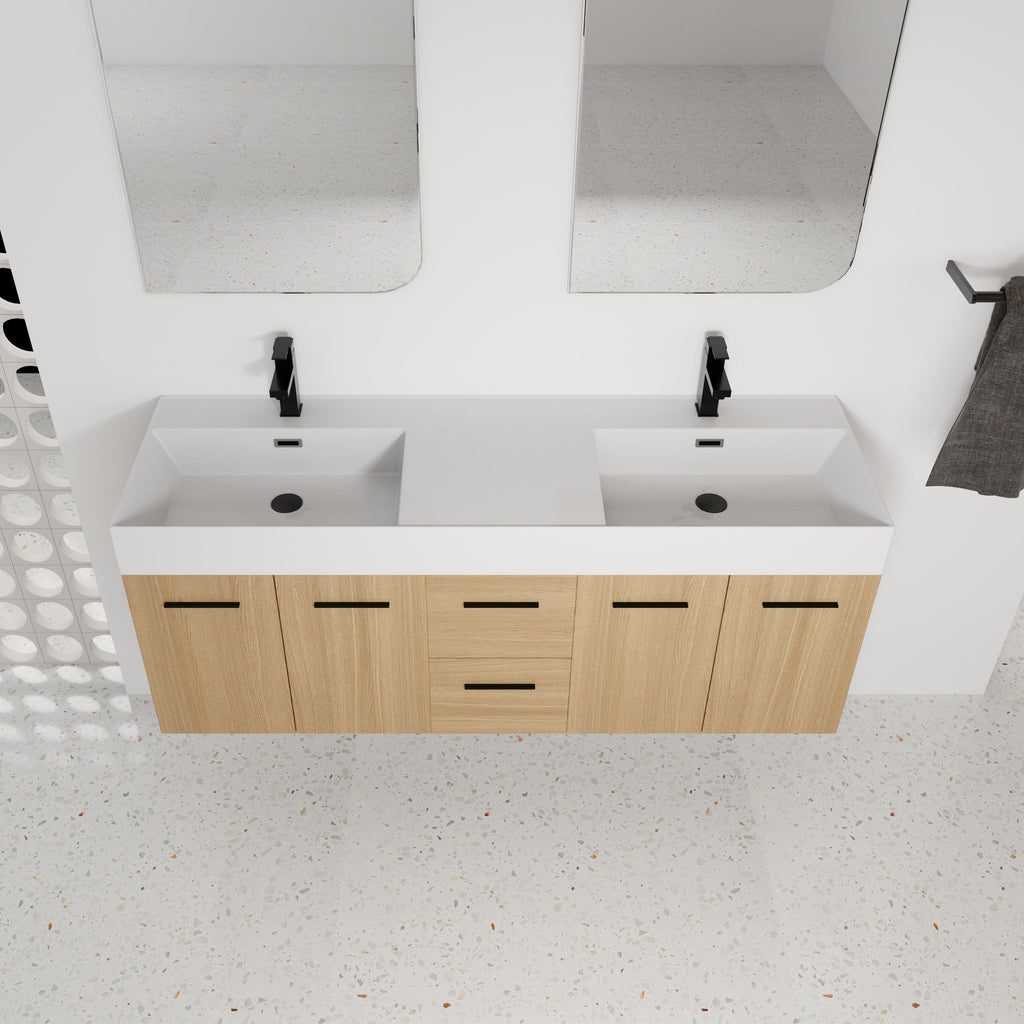 Floating Double Sink Bathroom Vanity With Drawers And Doors, Extra Large Storage, Integrated Sink, Soft Close Hardware - Glossy White / Light Oak