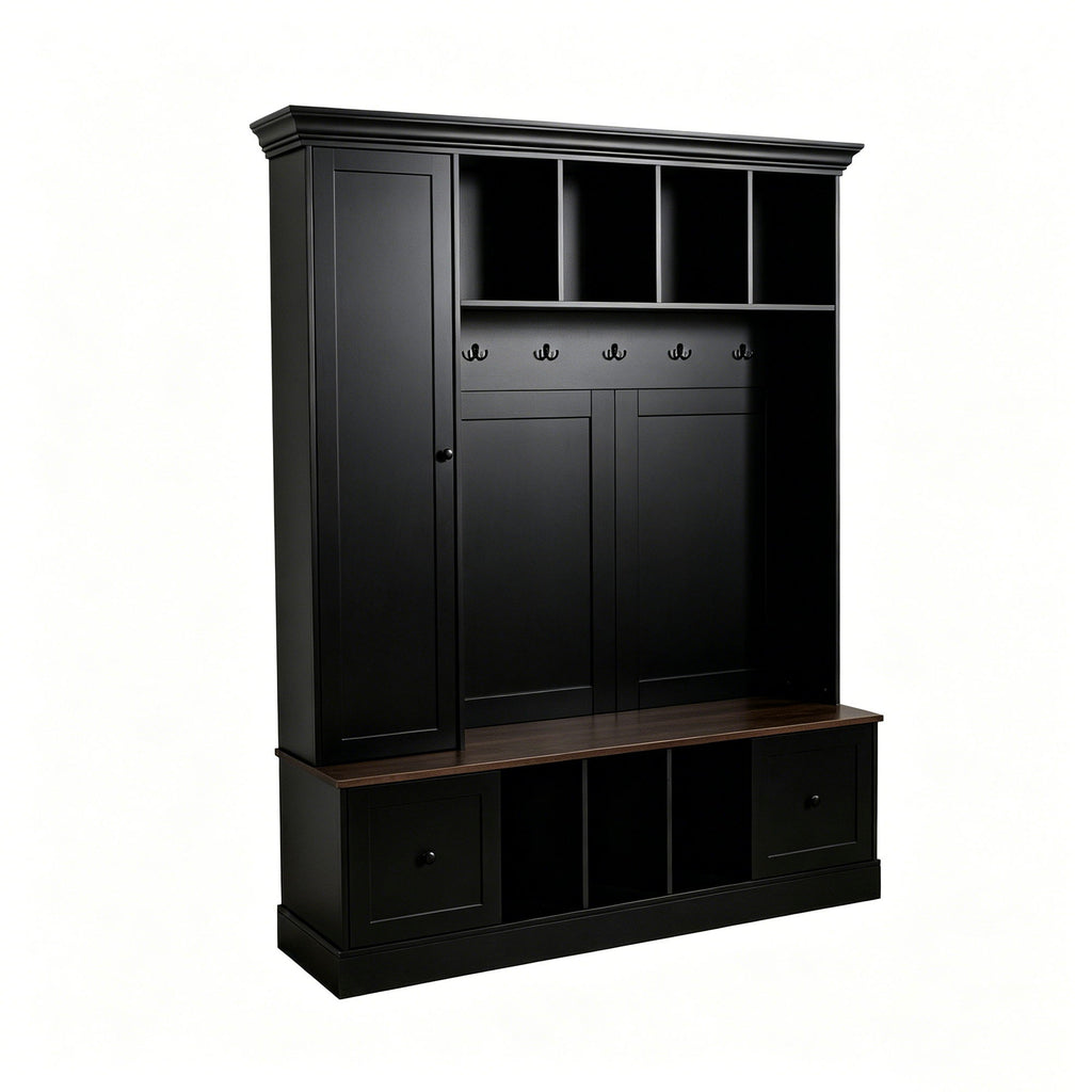 Hall Tree With Shoe Storage Bench, Entryway Coat Rack With 5 Hooks