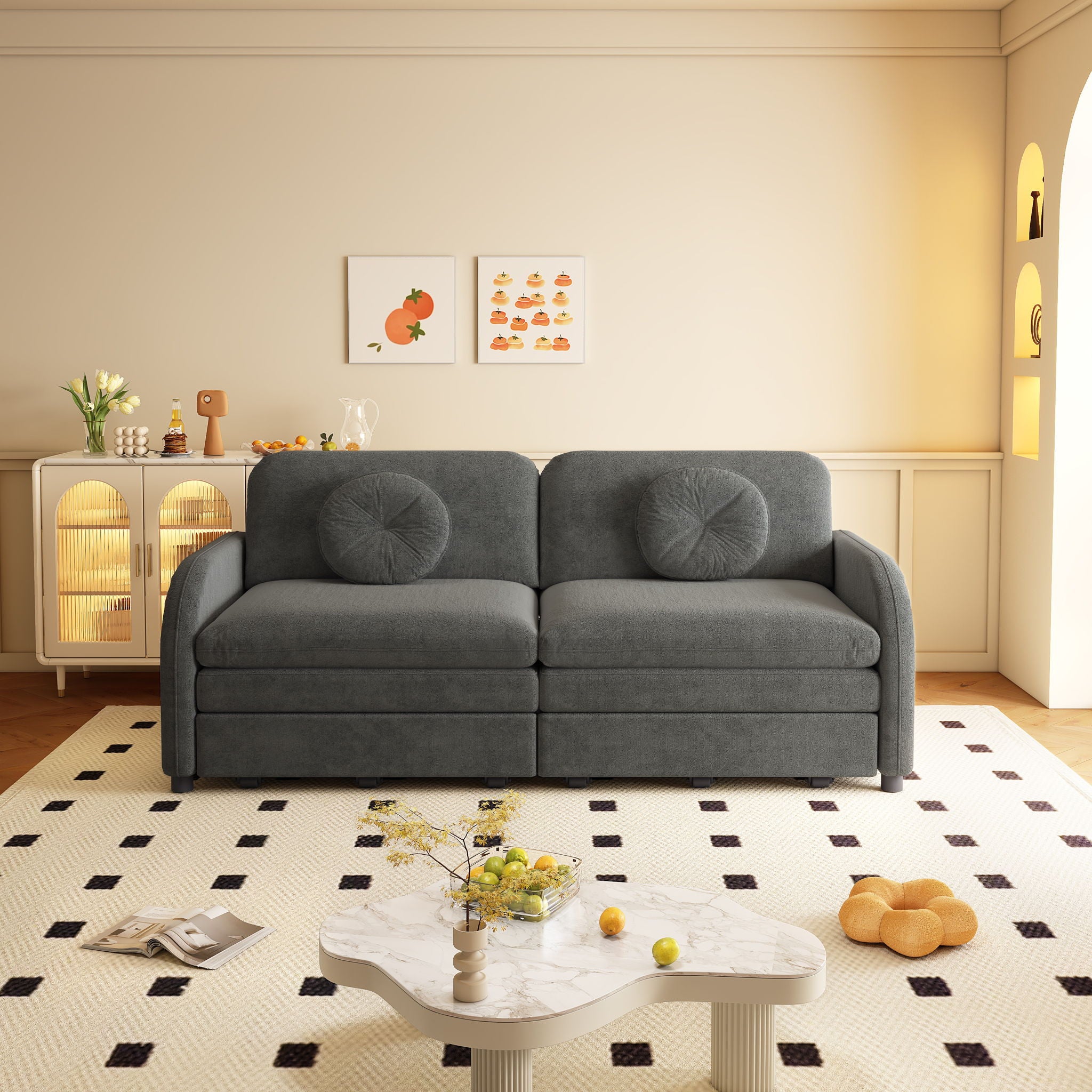 Upholstered Pull Out Couch With Side Pocket & USB Port