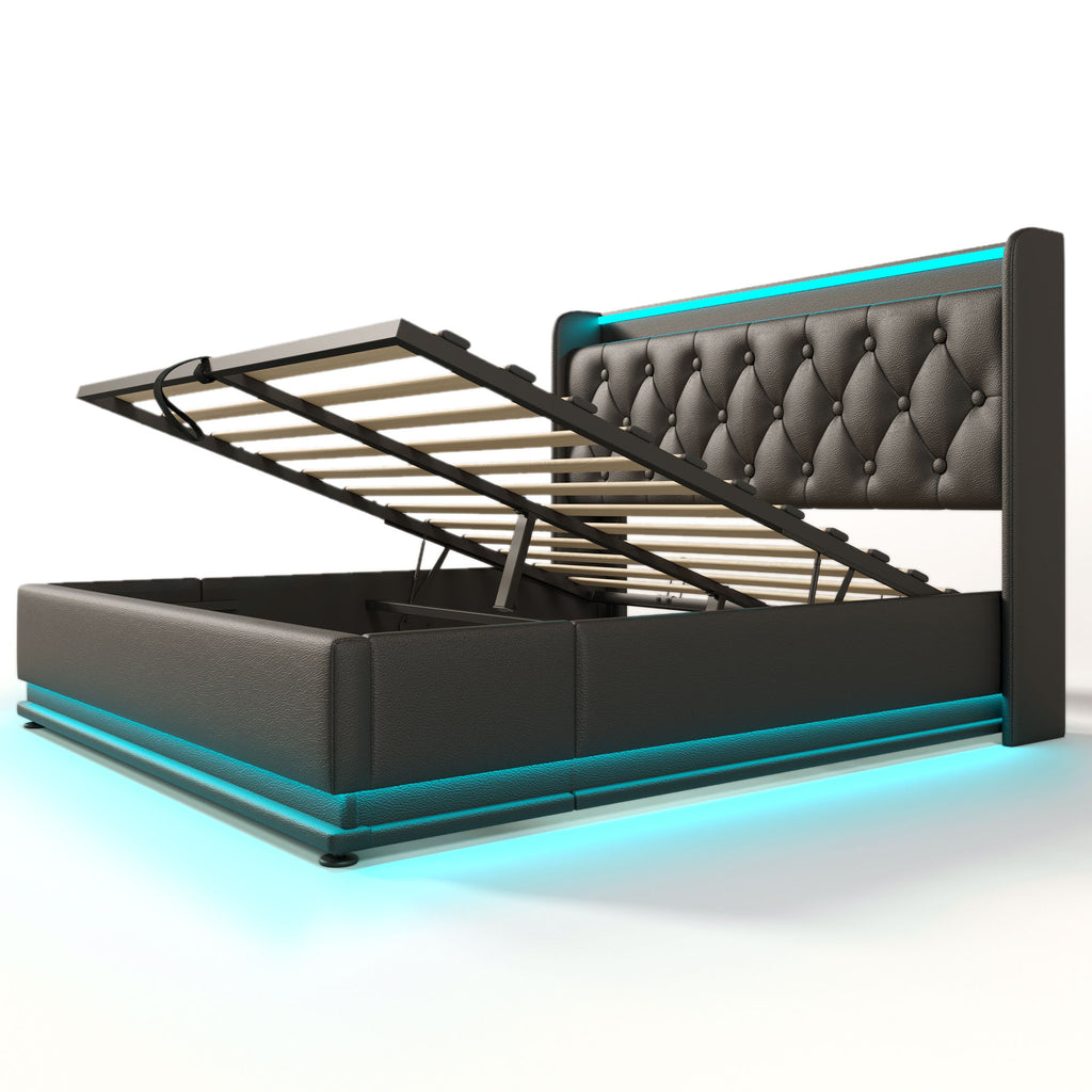 Upholstered Bed, 360 Surround LED Function, Remote Control, Hydraulic Storage Bed With USB, Type-C Charging (Without Mattress)