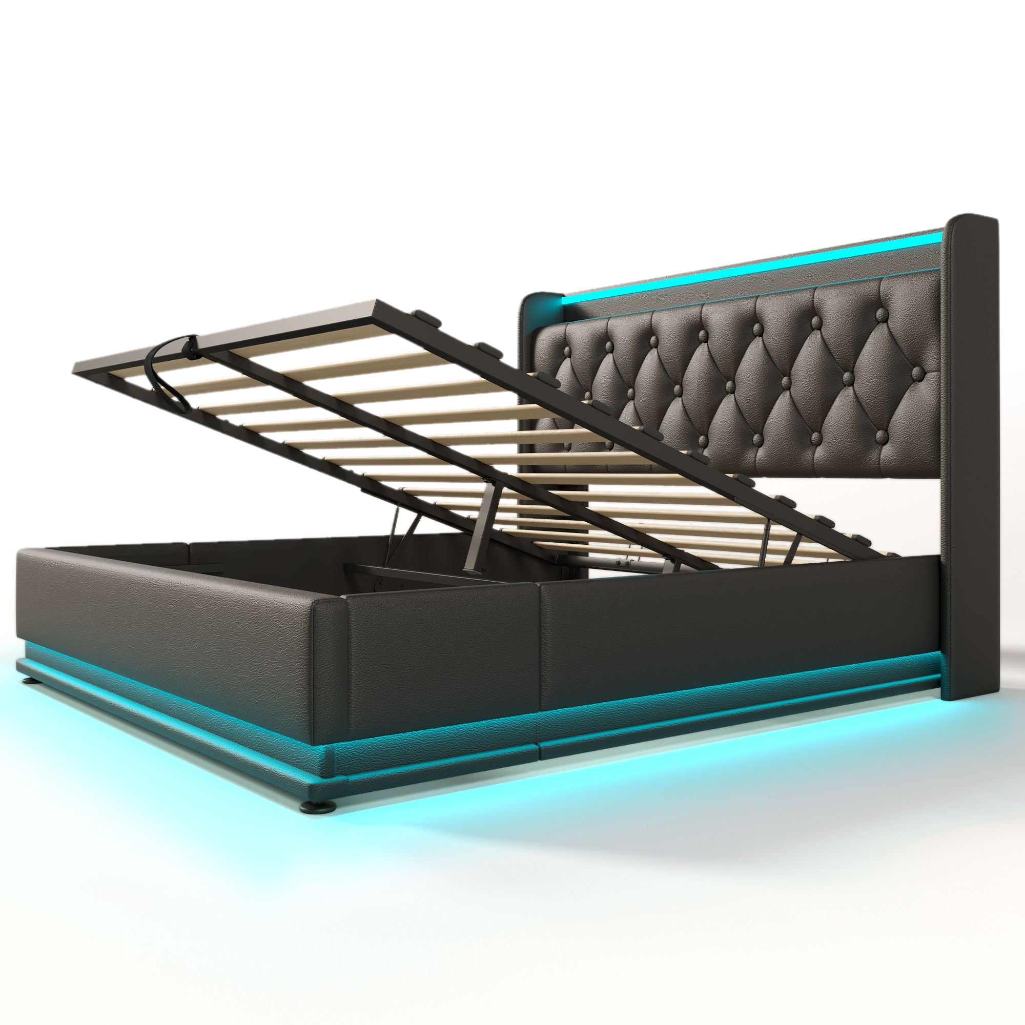 Upholstered Bed, 360 Surround LED Function, Remote Control, Hydraulic Storage Bed With USB, Type-C Charging (Without Mattress)