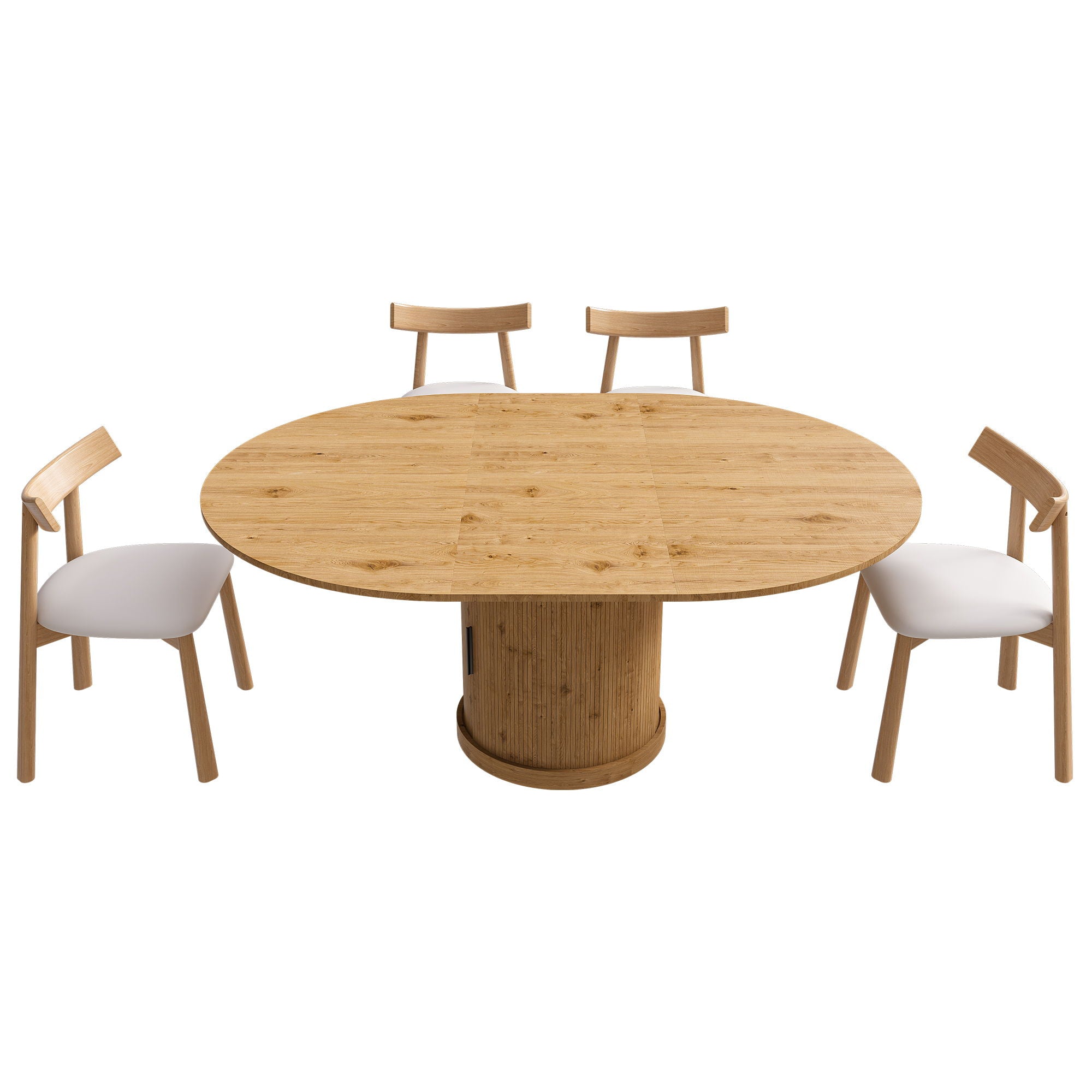 Extendable Oval Dining Table Set With 4 Cushioned Chairs, 2 Tier Storage - Oak