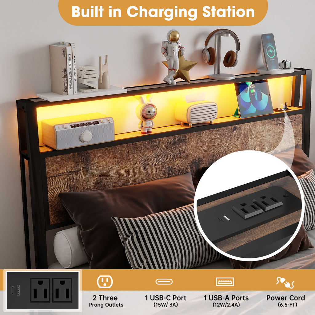 Bed Frame With Headboard, LED Lights & Charging Station