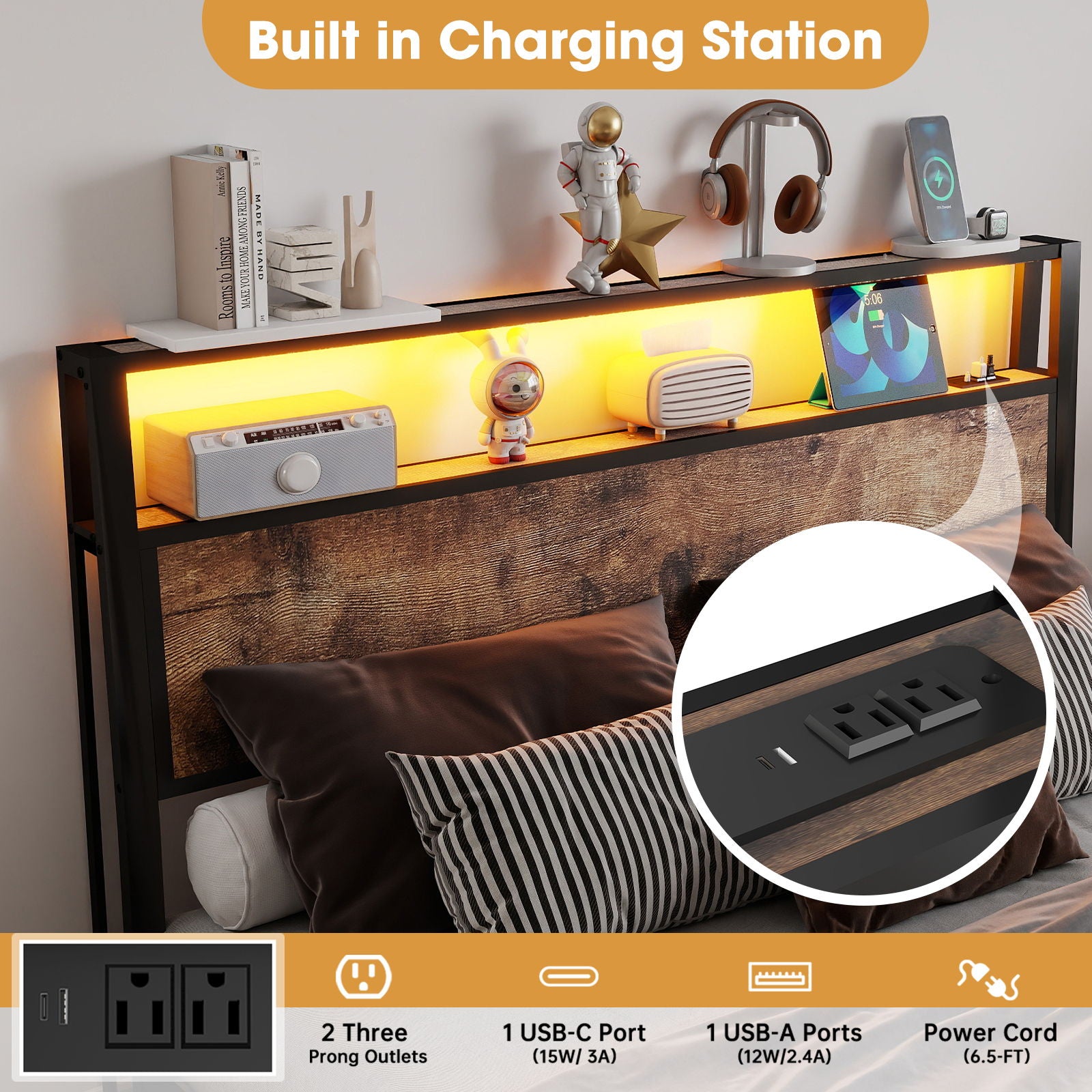Bed Frame With Headboard, LED Lights & Charging Station