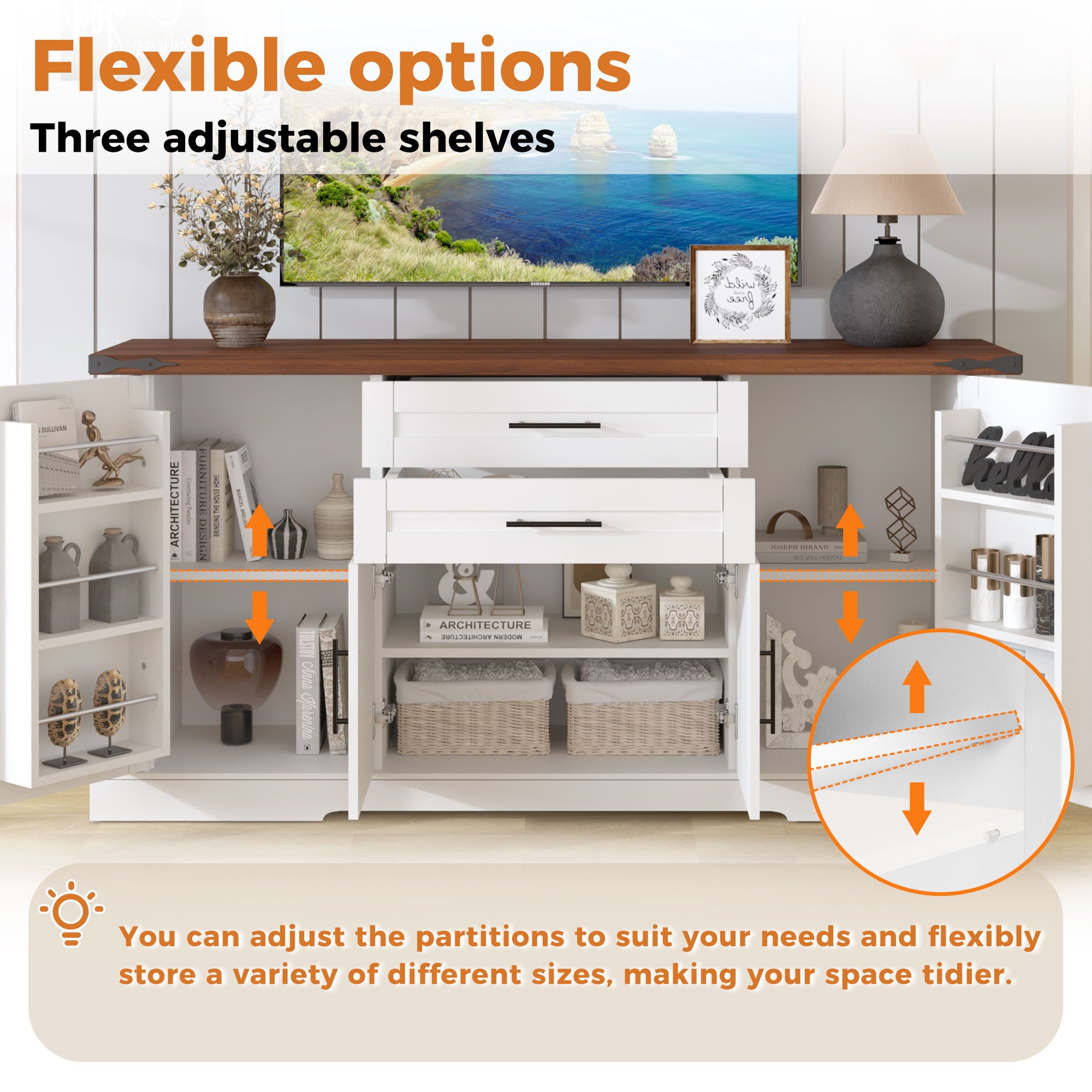 Barn Door Storage Cabinet With 2 Drawers & Door Rack, Adjustable Shelves