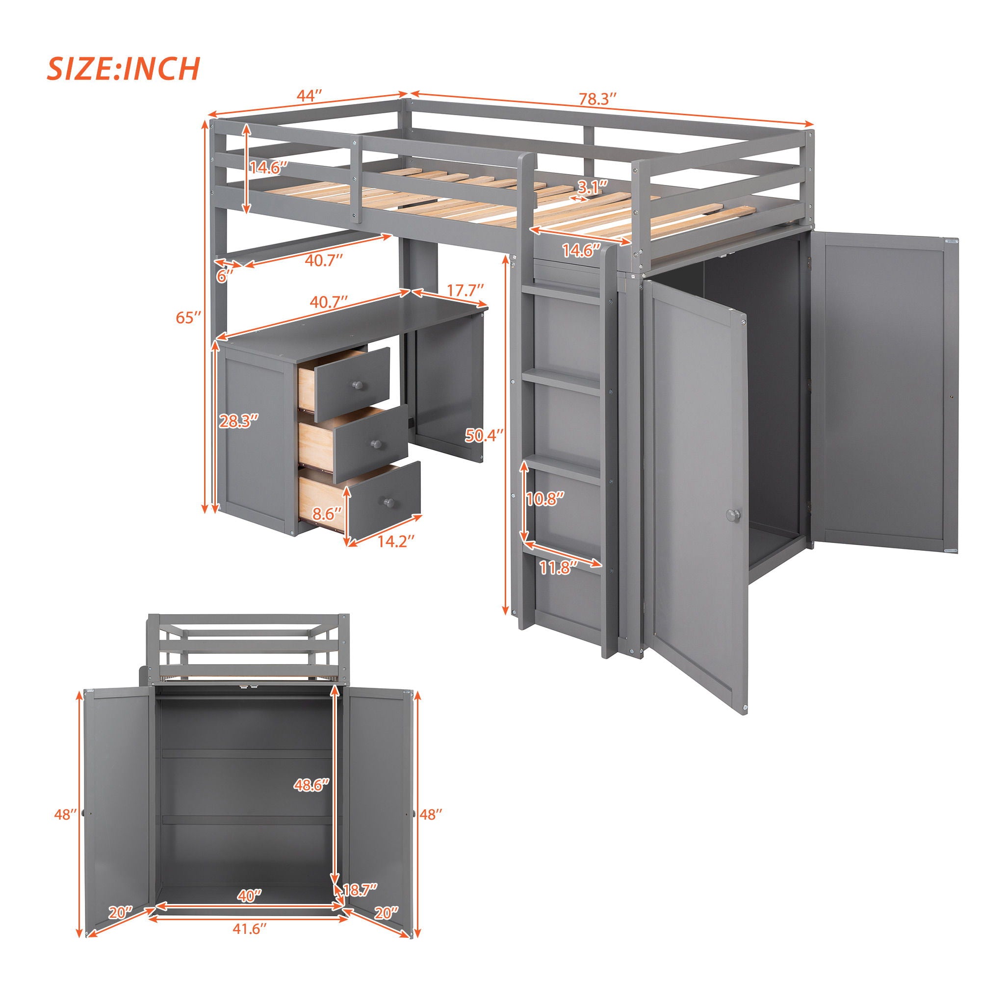 Loft Bed With Drawers, Desk, And Wardrobe