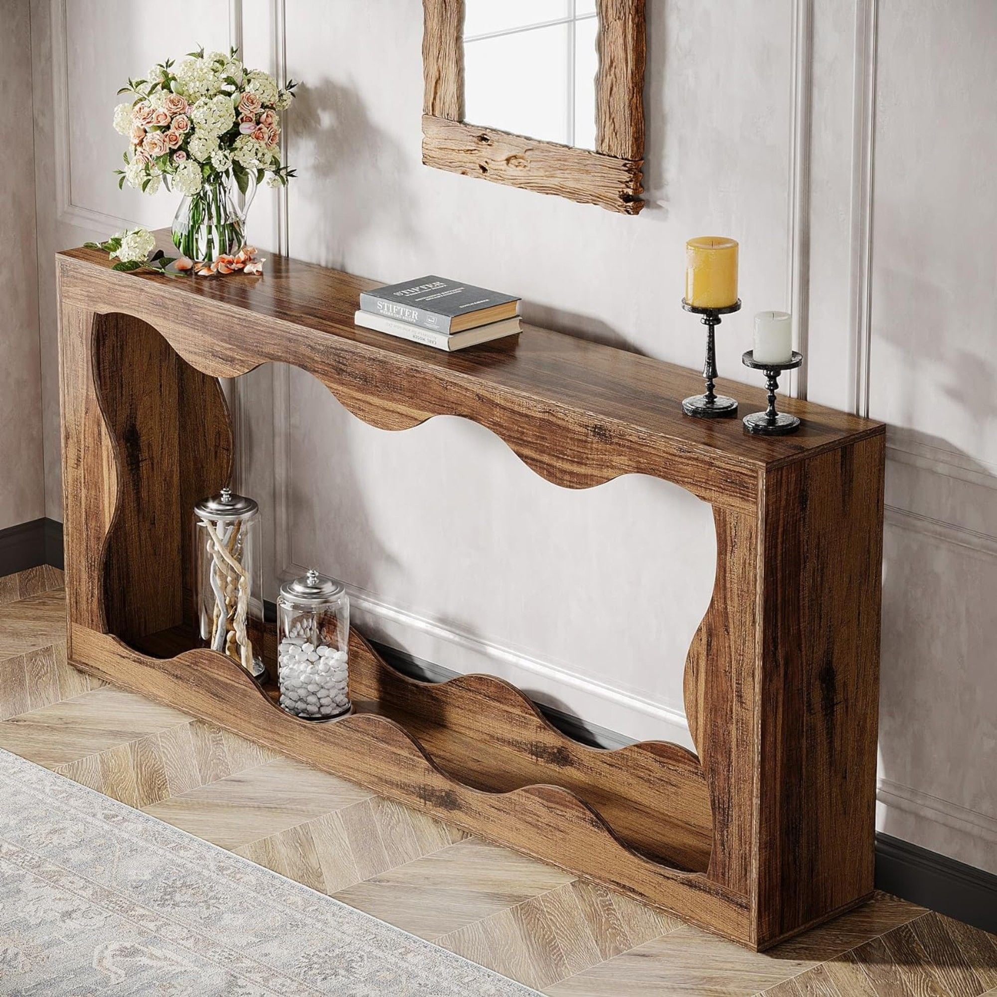 Console Table With Storage, Narrow Entryway Stand For Living Hallway - Light Brown