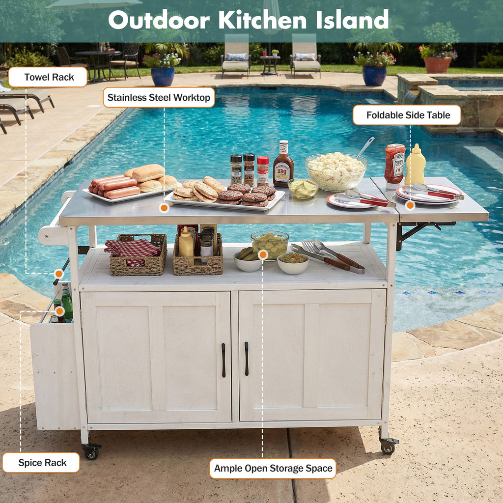 Foldable Outdoor Kitchen Island With Lockable Wheels, Storage Cabinet And Towel Rack For Patio