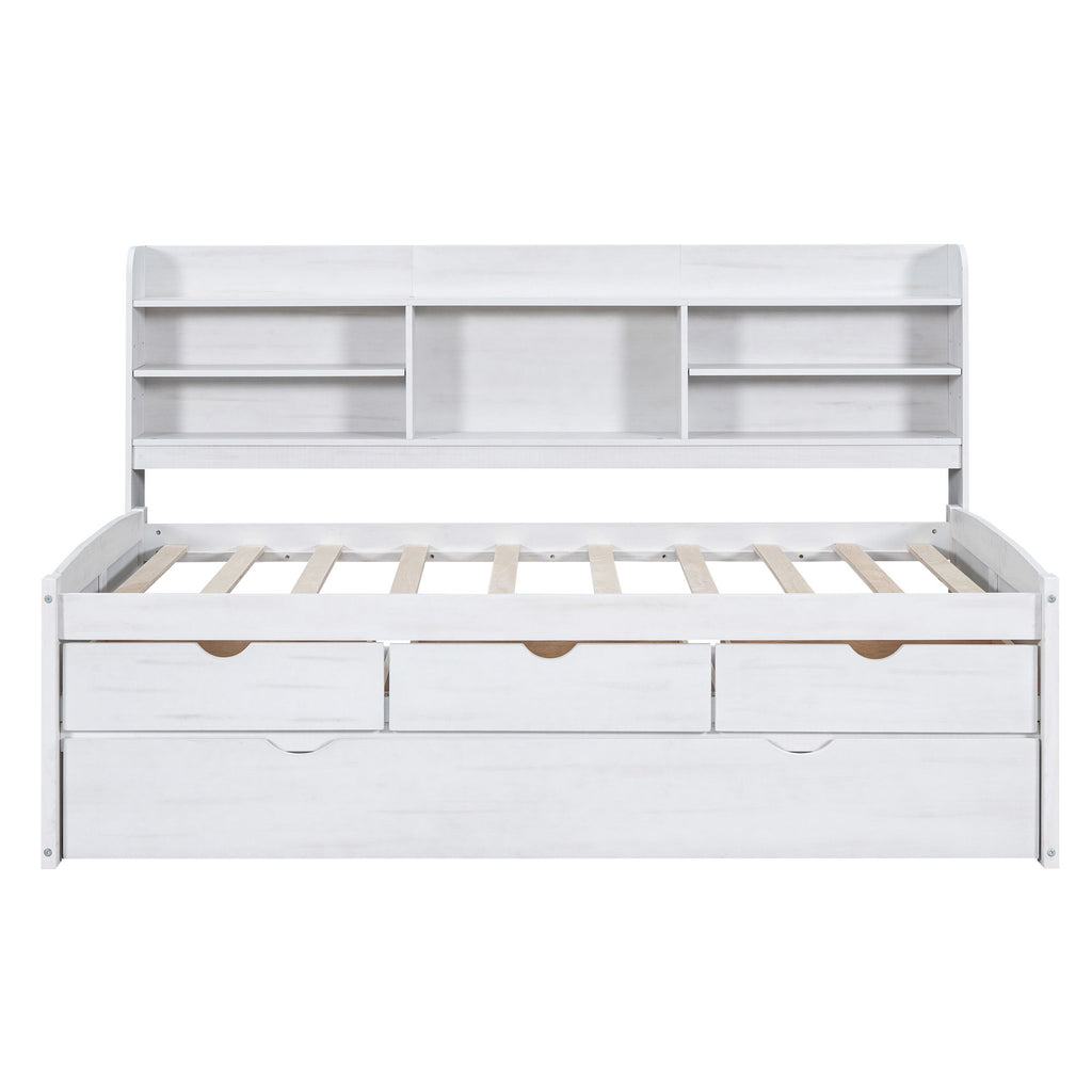Captain Bed With Built In Bookshelves, 3 Storage Drawers, And Trundle
