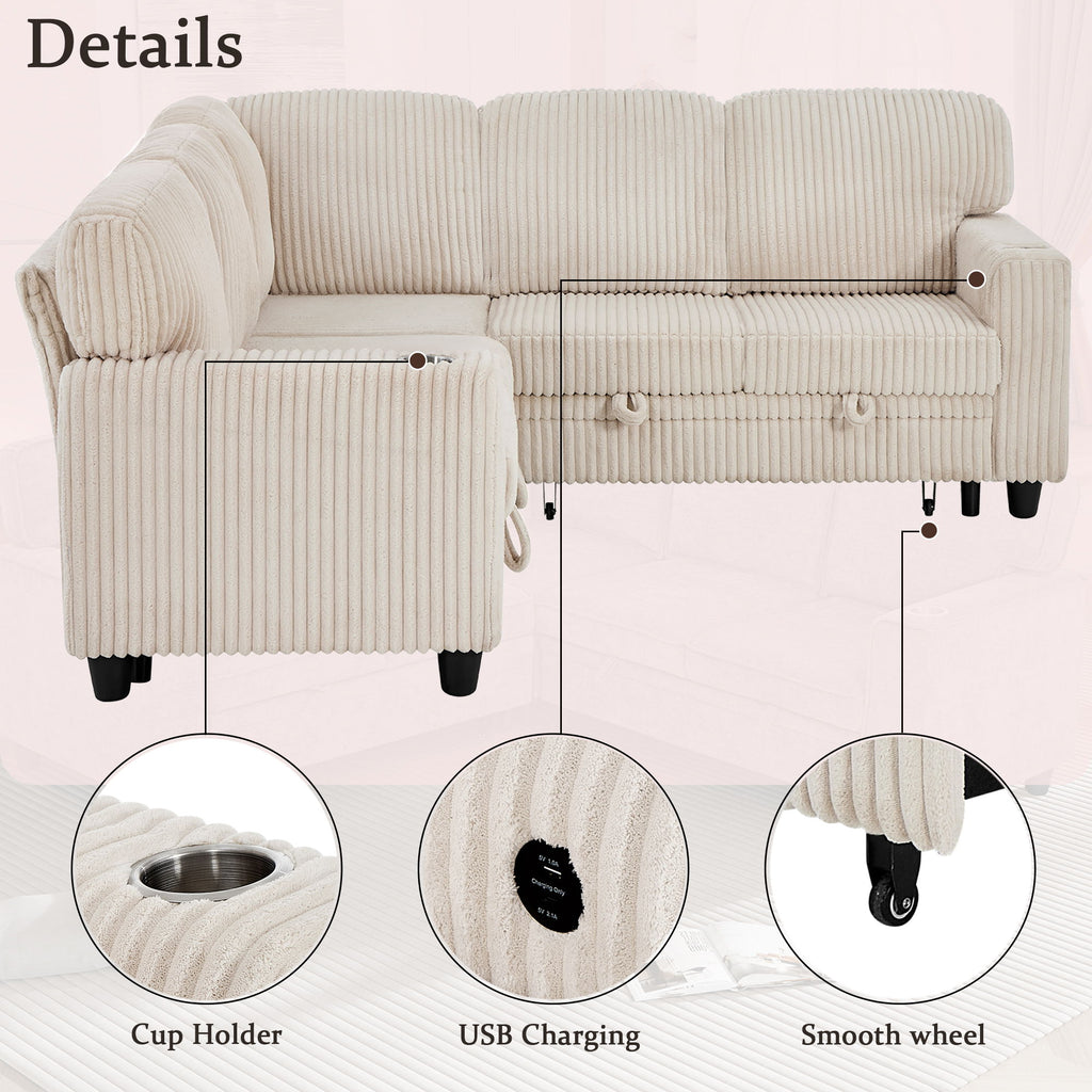 L-Shaped Sofa With Pull Out Sofa Bed With USB