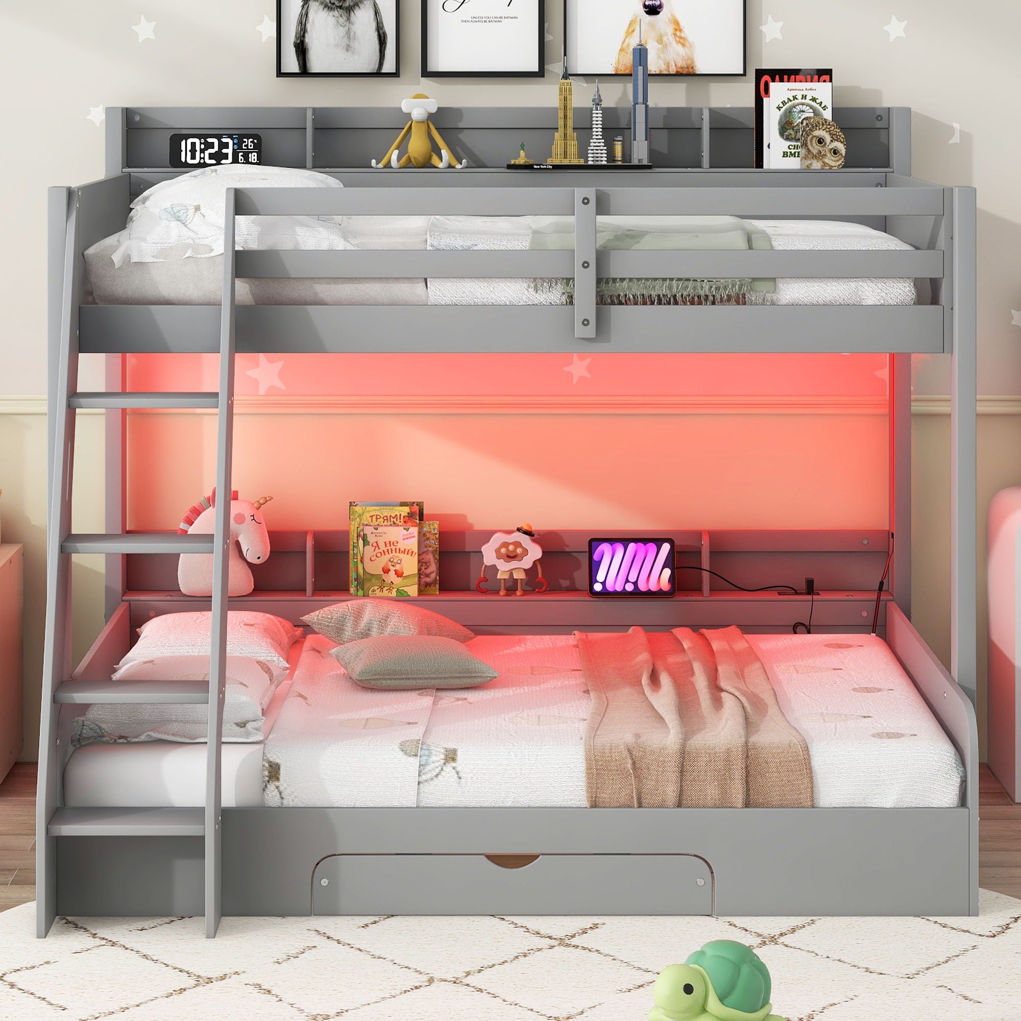 Bunk Bed With Storage Shelves, LED Lighting, Charging Station And Drawer