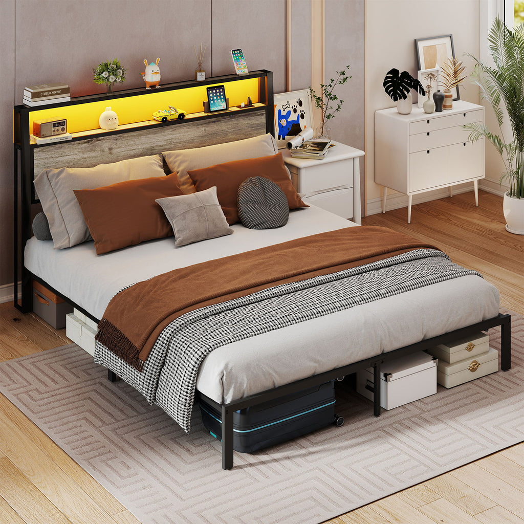 Bed Frame With Headboard, LED Lights & Charging Station
