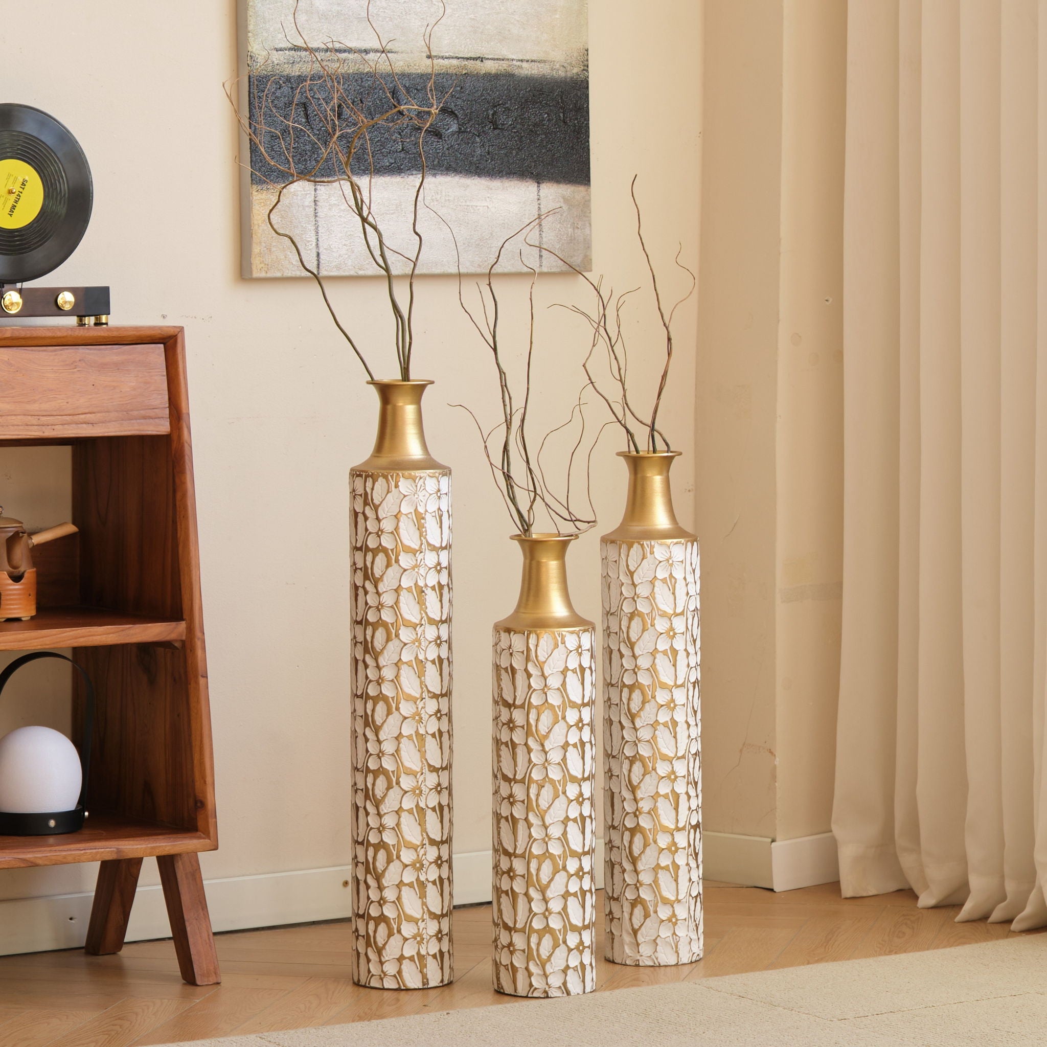 Floor Vases Large Vases Decorative High Vases (Set of 3) For Home Decor Vintage Large Vases Representing Twigs, Twigs Dried Flowers Living Room Antique Worn Vases - Antique White