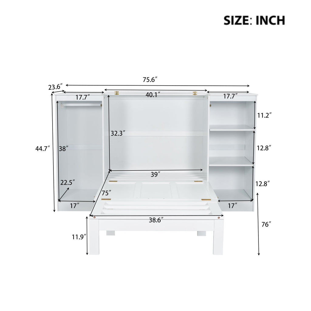 Twin Size Murphy Bed With Bedside Shelves And Wardrobe - White