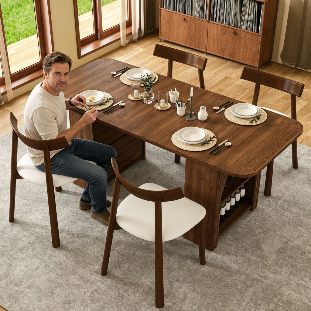Dining Set With 4 Chairs, Table With Drawers & Open Shelf - Walnut