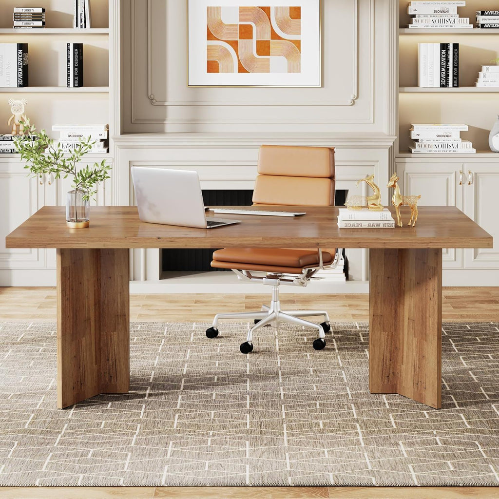 Executive Desk, Vintage Computer Workstation With Thickened Tabletop