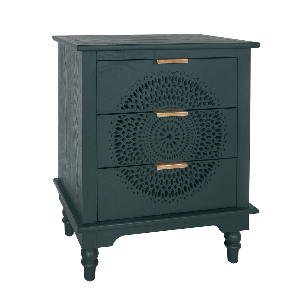 Hollow Carved 3 Drawer Dresser With Metal Handles, Storage Chest For Living Room Or Bedroom - Blackish Green