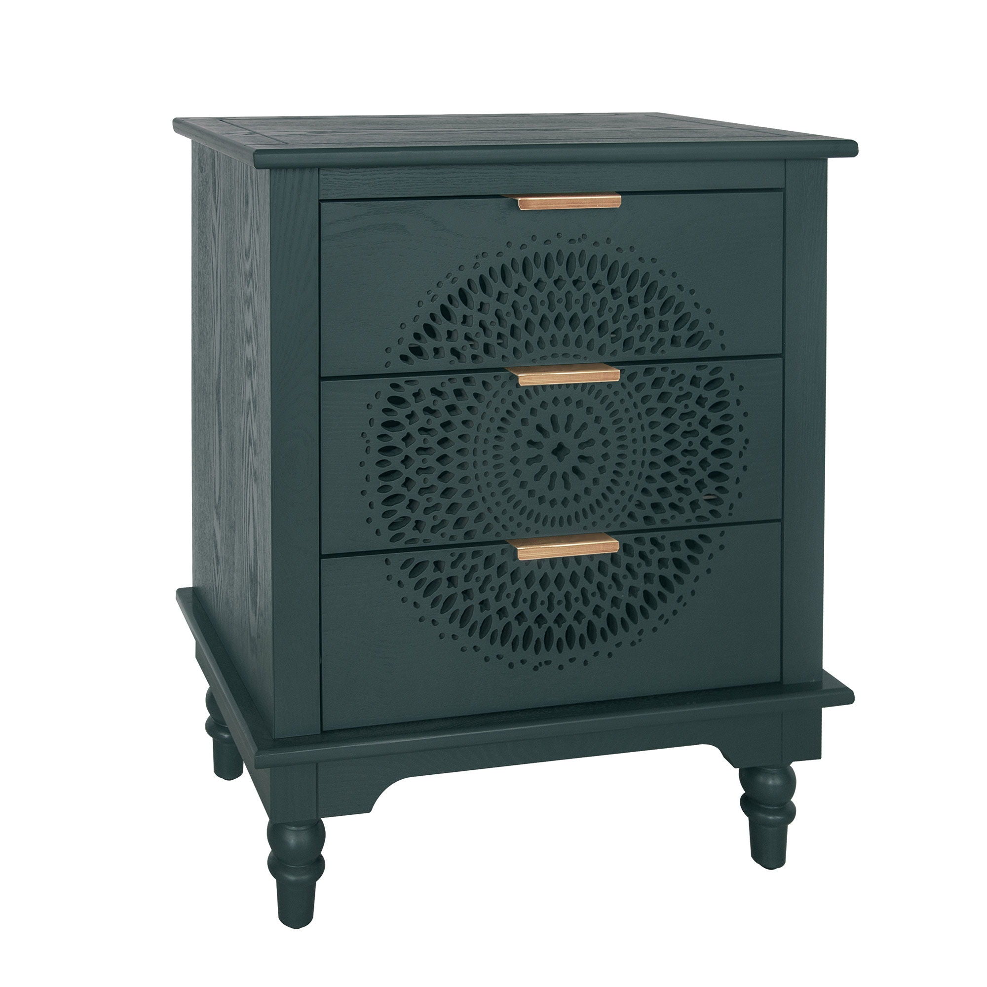 Hollow Carved 3 Drawer Dresser With Metal Handles, Storage Chest For Living Room Or Bedroom - Blackish Green