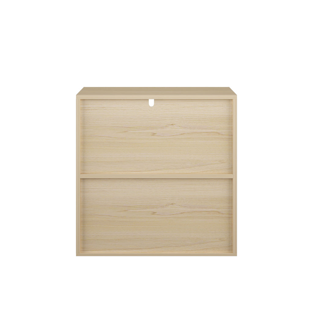 Storage Cabinet With Sliding Doors, 2 Tier Open And Closed Shelves Organizer - Natural / White
