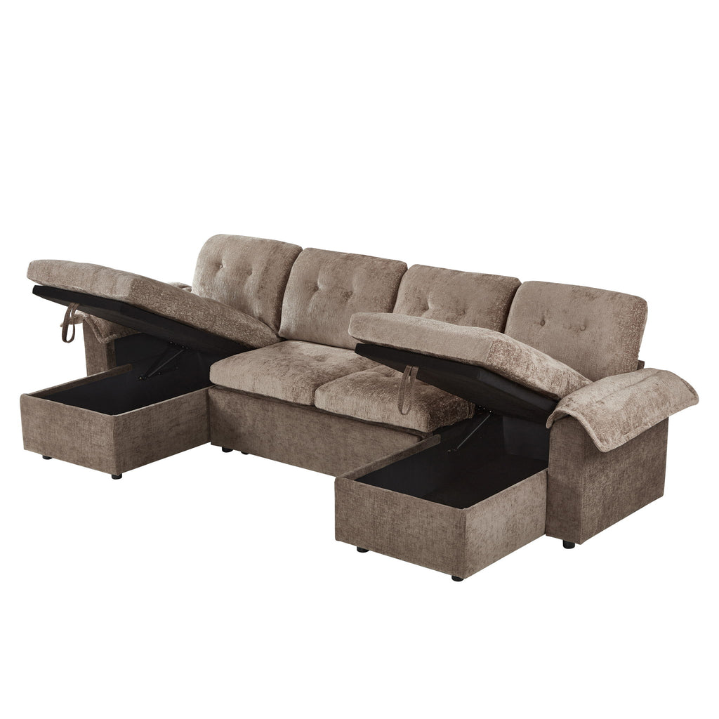 Modern U-Shaped Sleeper Sectional Sofa Bed With USB Ports, Cup Holder, And Hidden Storage