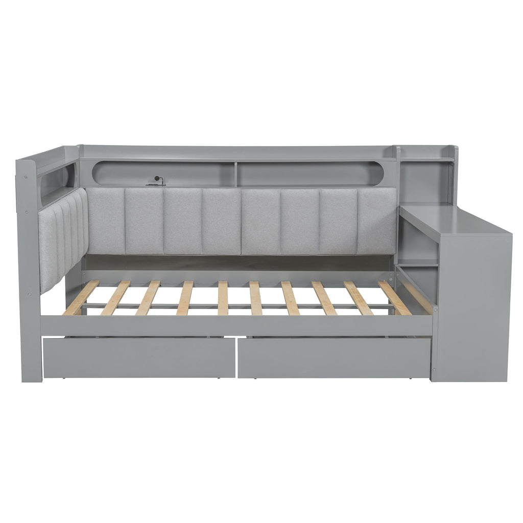 Daybed With Upholstered Headboard, Storage Shelves, Drawers, Charging Station, LED Light, And Adjustable Desk