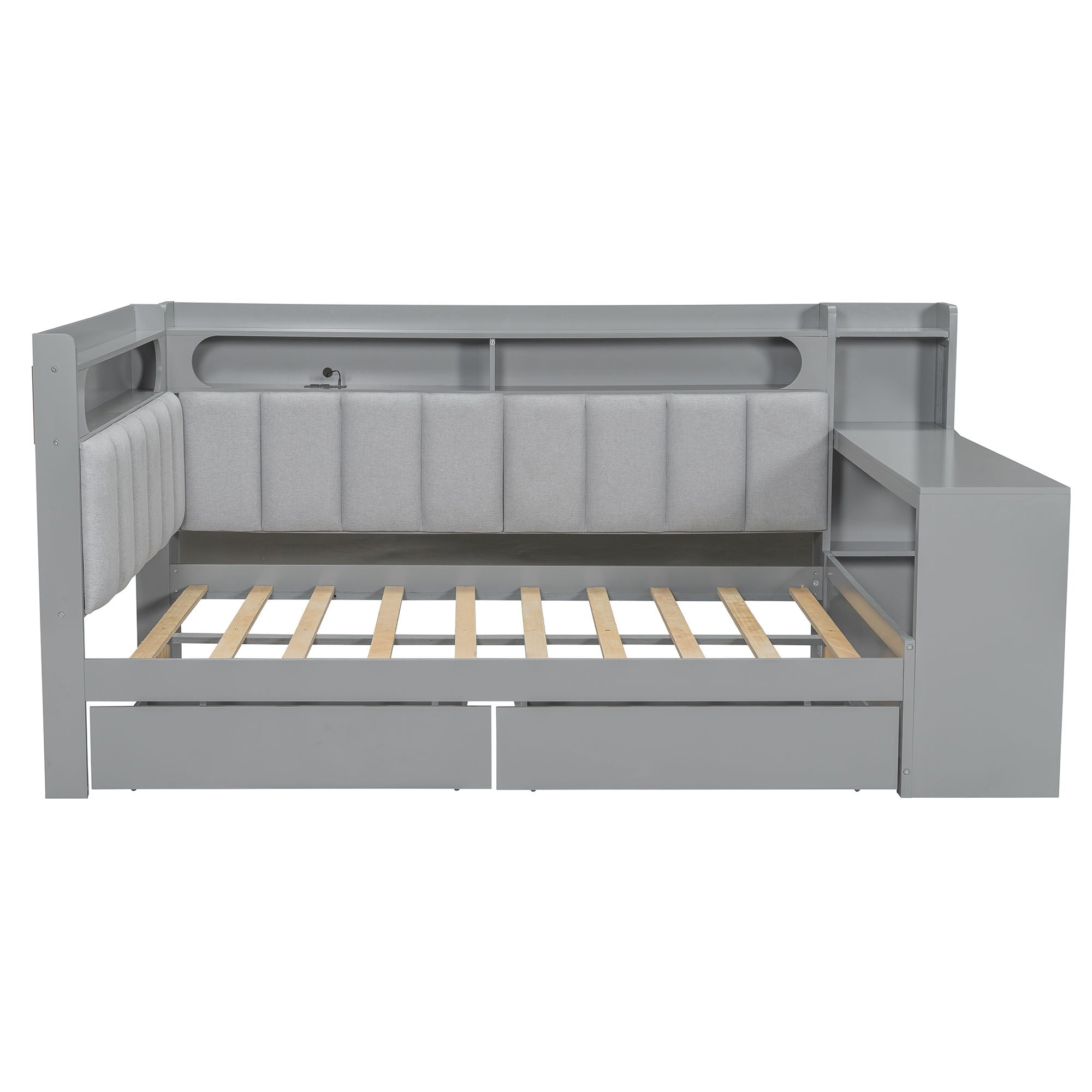 Daybed With Upholstered Headboard, Storage Shelves, Drawers, Charging Station, LED Light, And Adjustable Desk