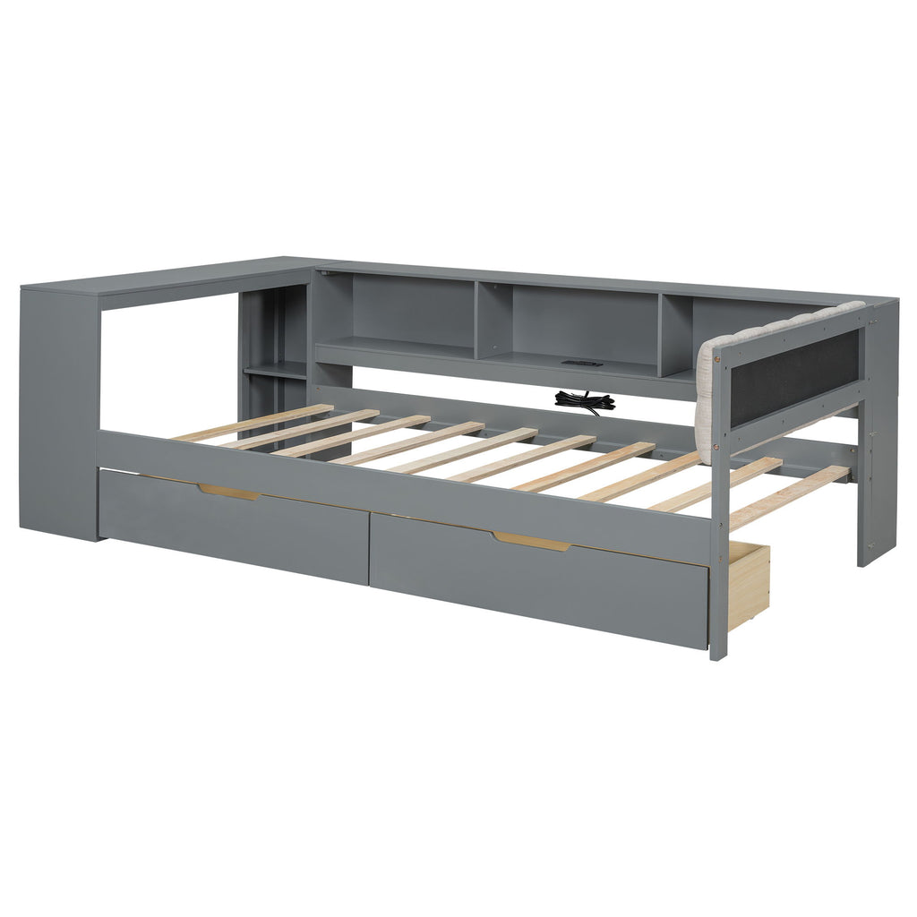 Upholstered Headboard Platform Bed With Storage Shelves, Drawers, Charging Station