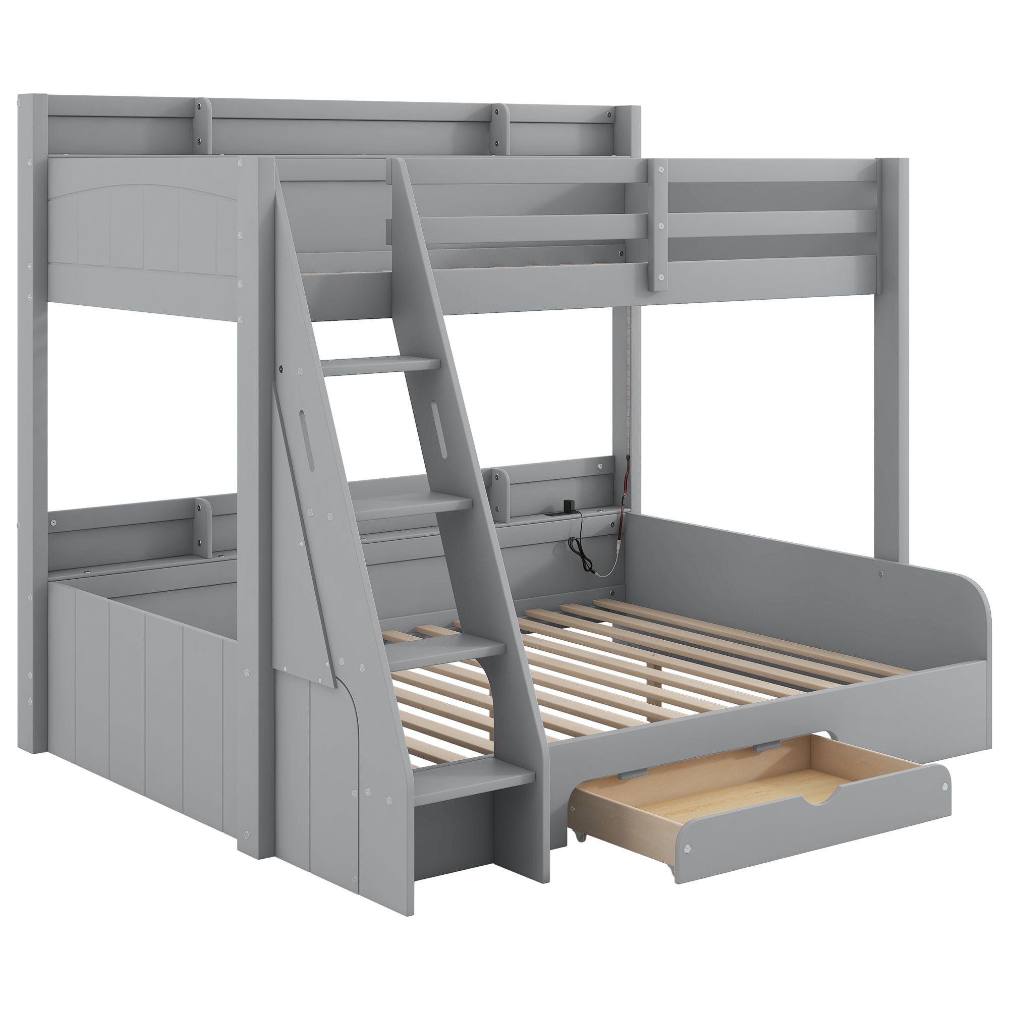 Bunk Bed With Storage Shelves, LED Lighting, Charging Station And Drawer