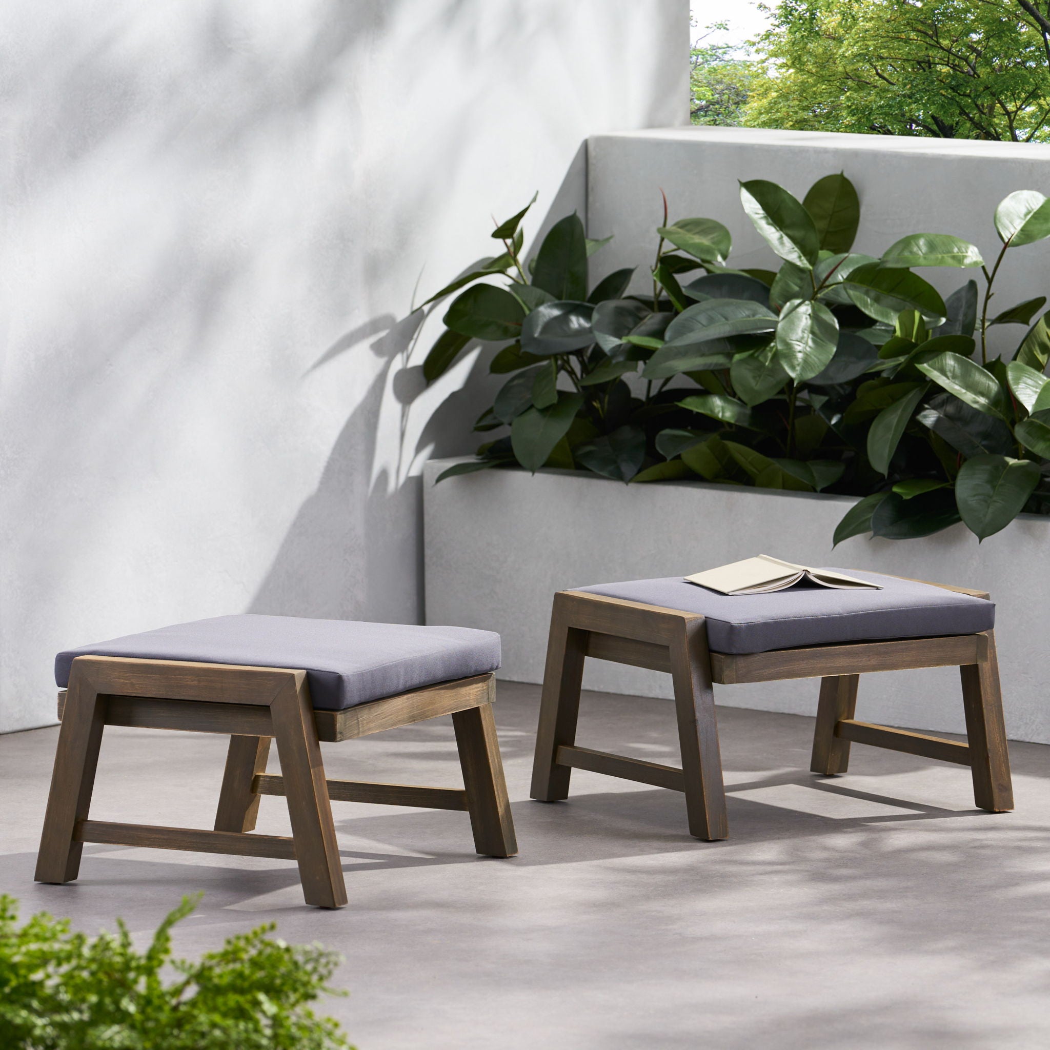 Acacia Wood Outdoor Ottomans With Cushion, (Set of 2)
