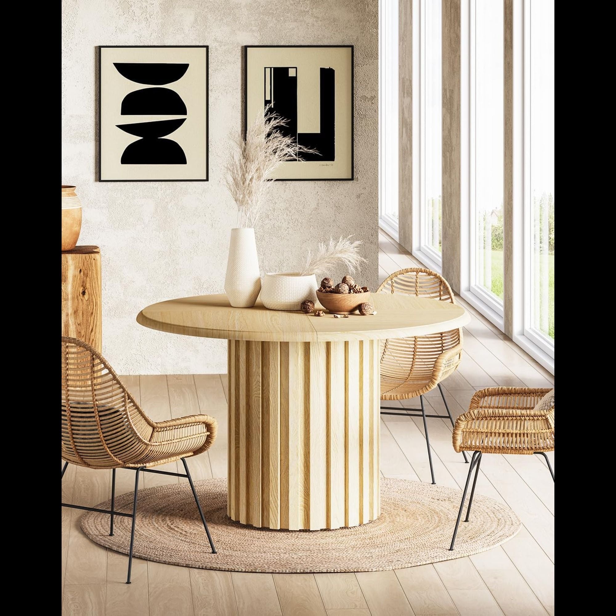 Round Dining Table With Fluted Pedestal Base, Circle Kitchen & Dinner Table - Natural Wood