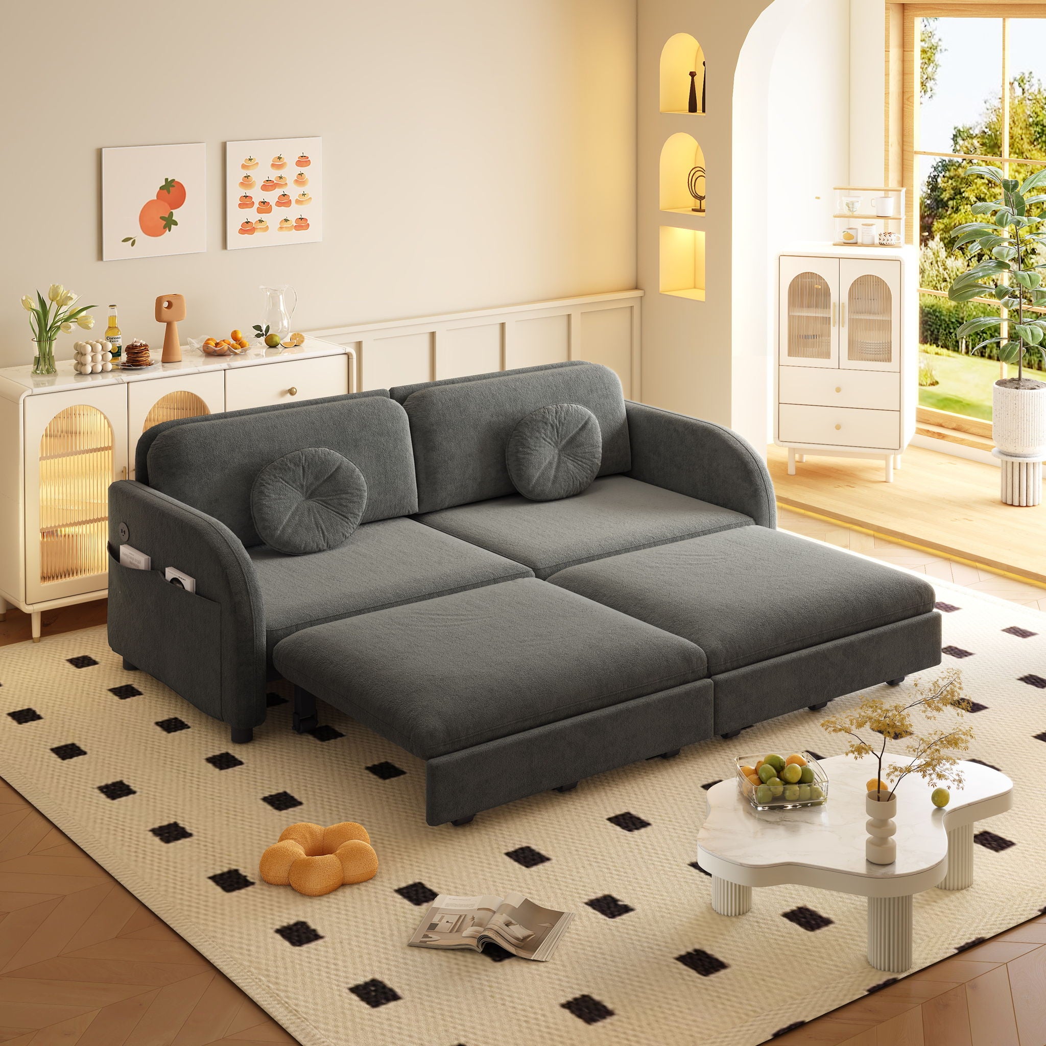 Upholstered Pull Out Couch With Side Pocket & USB Port